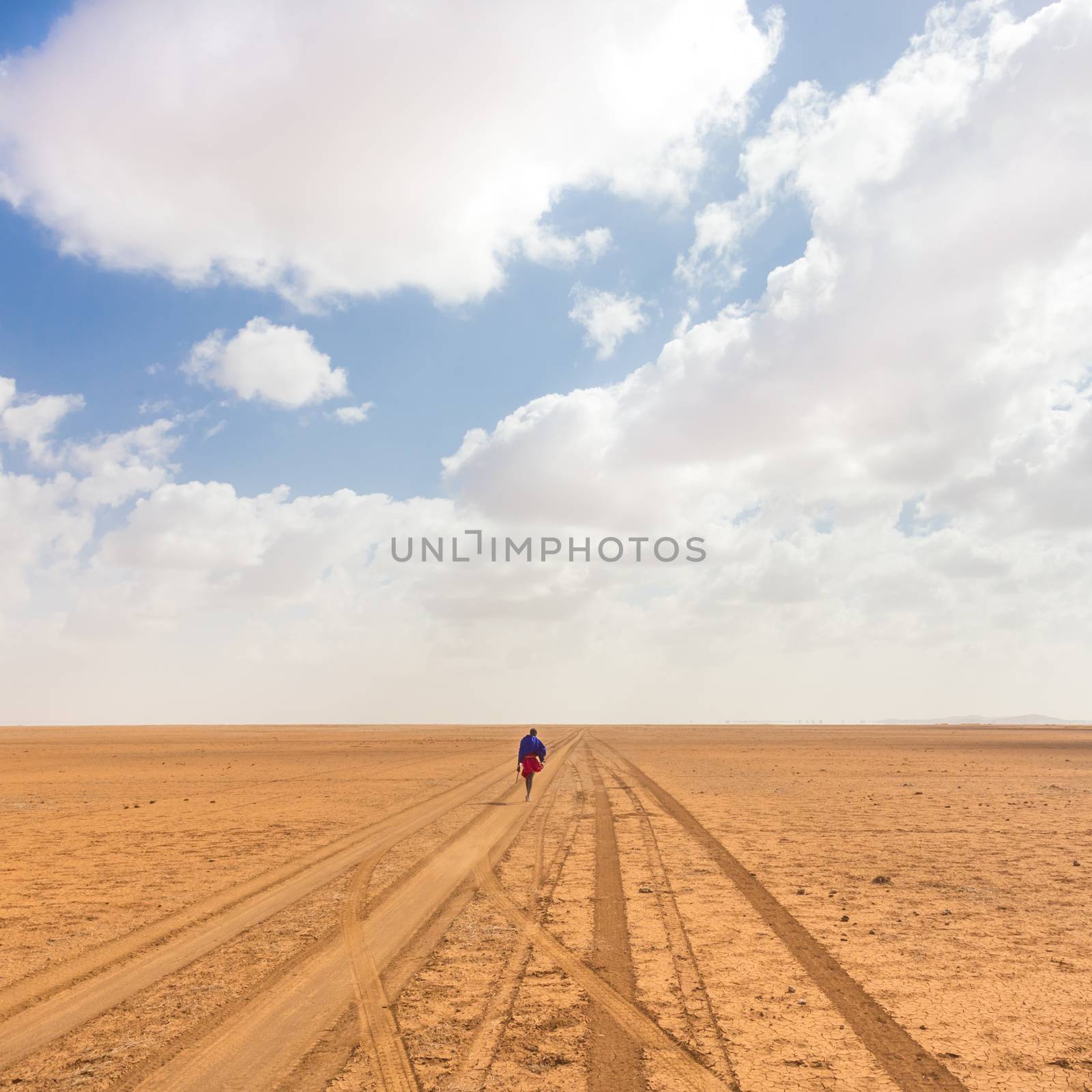 Solitary masai worrior walking along salt lake desert road in Kenya, Amboseli Natural Park, Africa by kasto