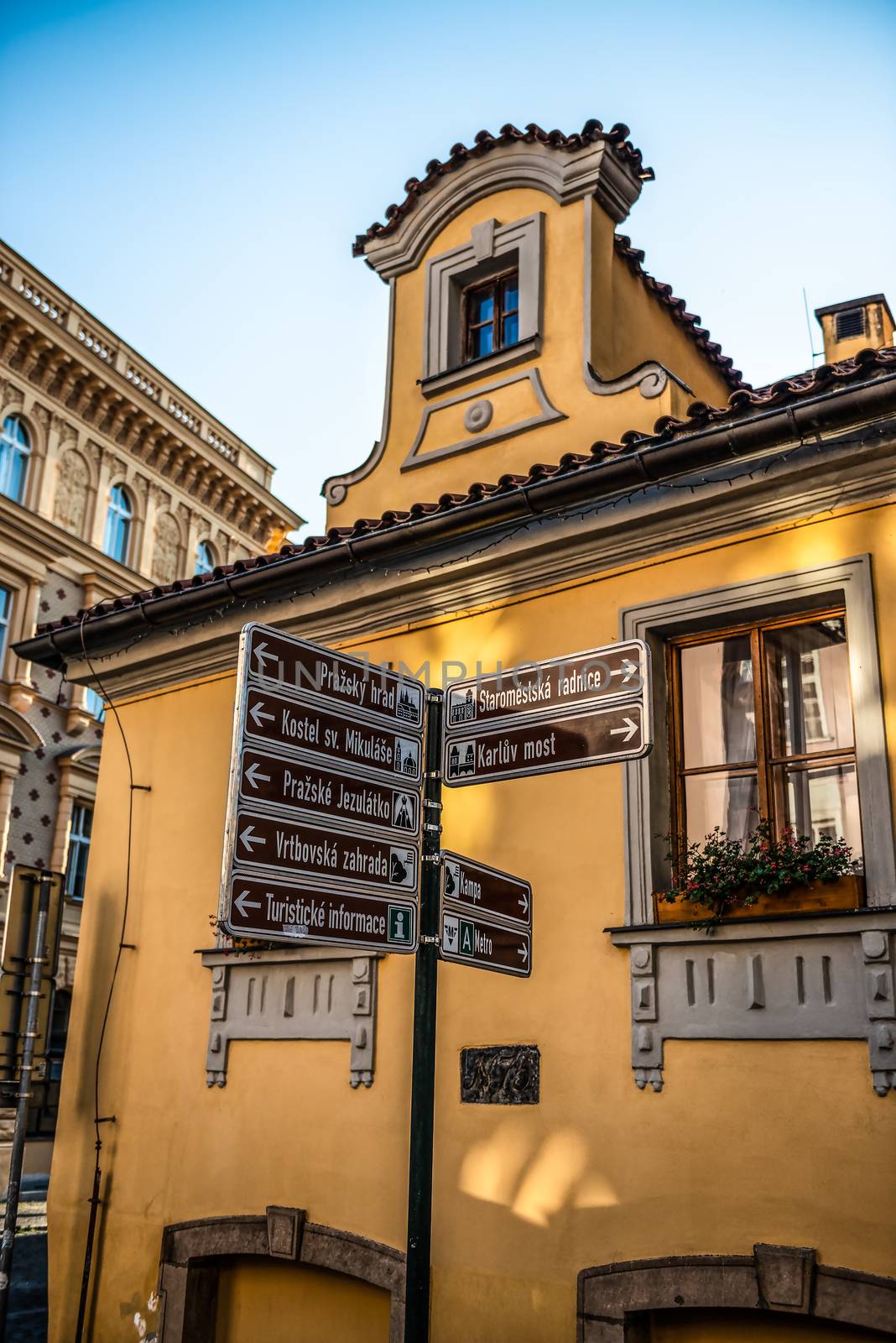 Old narrow street of Prague at dawn