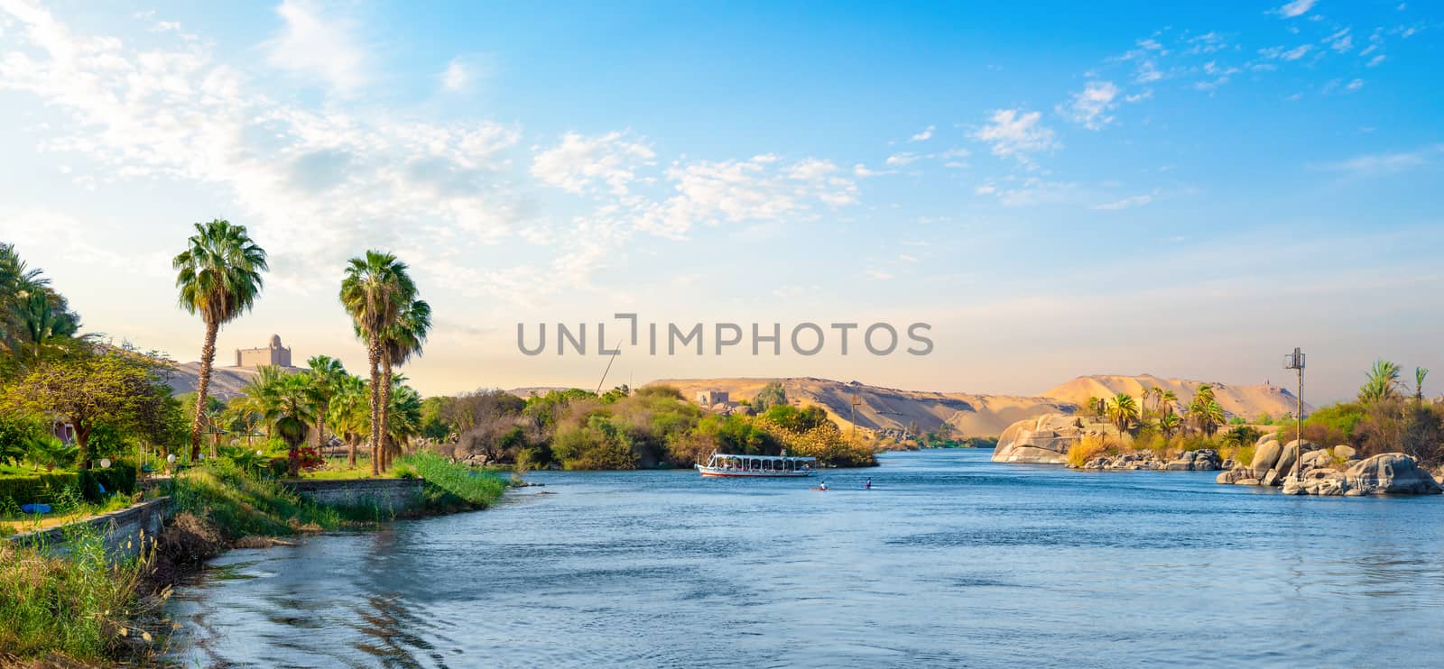 River Nile and boats at sunset in Aswan