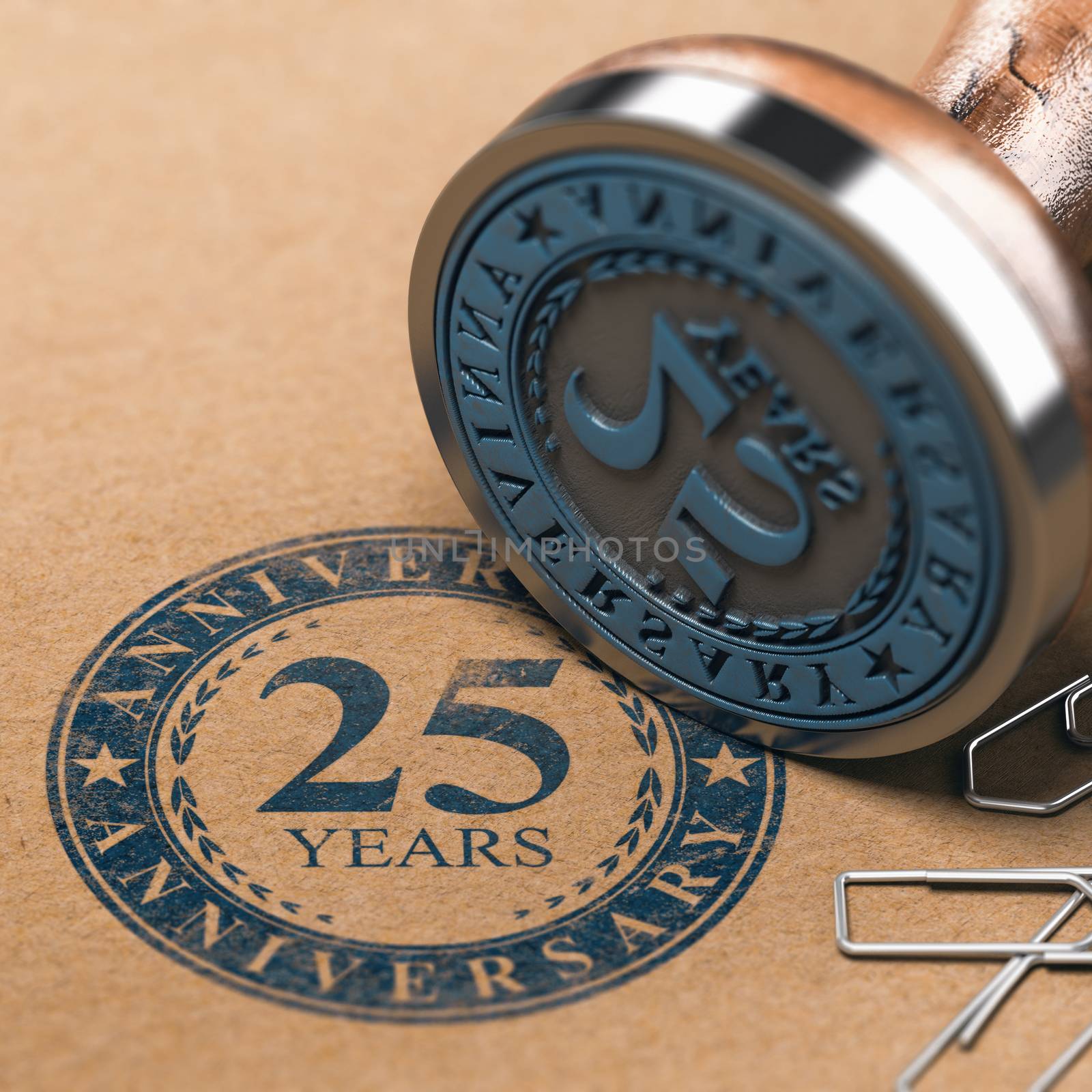 3d illustration of a rubber stamp with the text 25 years anniversary printed on a brown paper. Tenth year celebration card background.