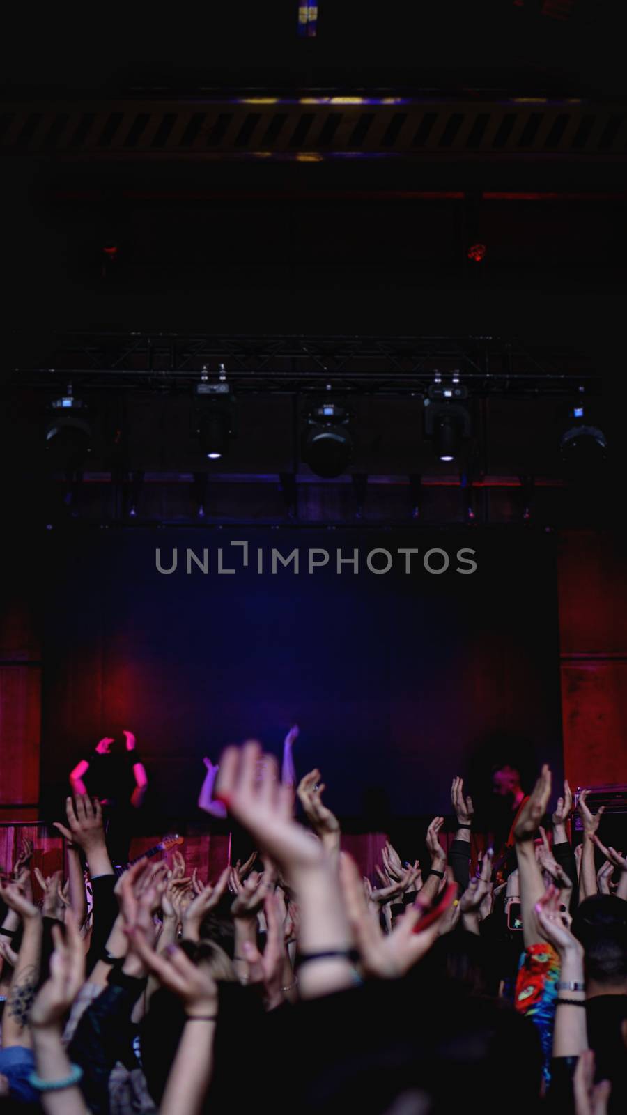 Crowd at concert - Cheering crowd in bright colorful stage lights by natali_brill