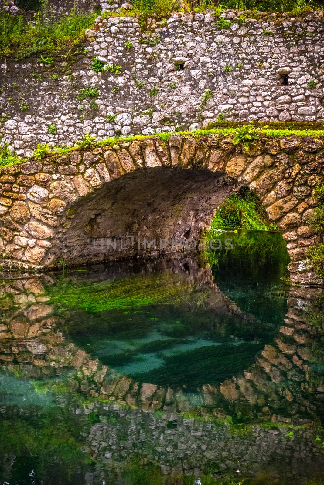 round stone bridge reflected in river water vertical background .