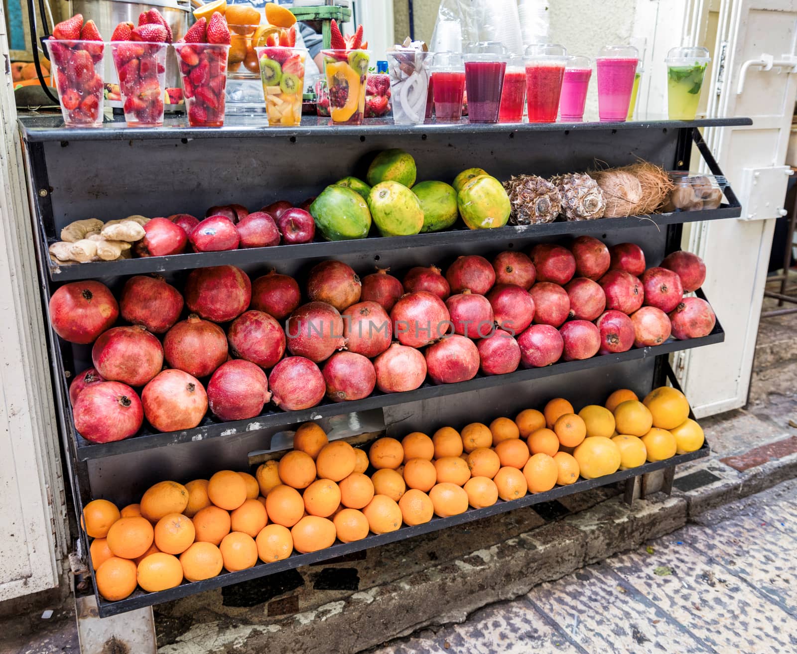 fresh fruit and smoothies in a shop on the streets of the old city of jerusalem