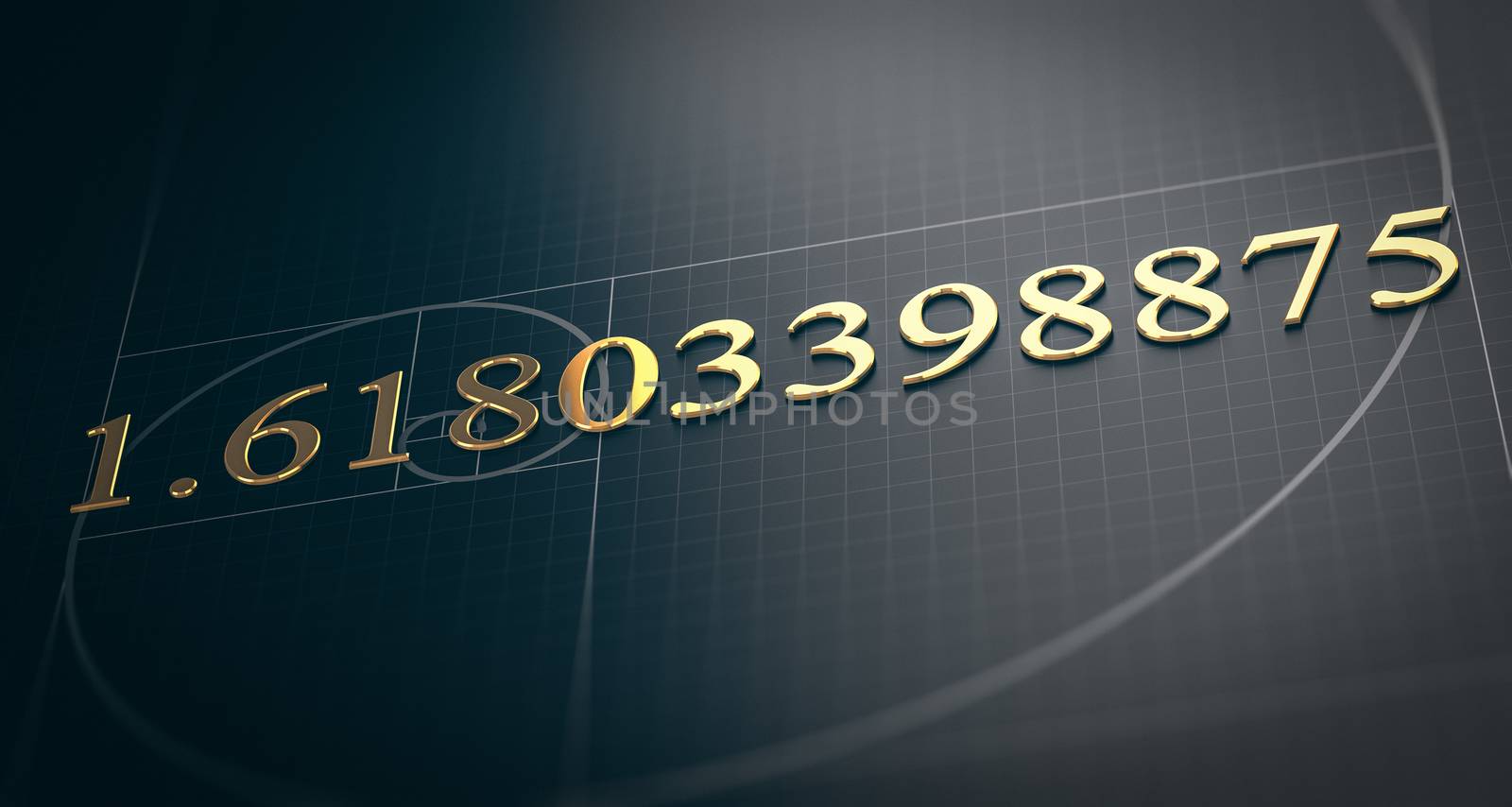 3D illustration of golden ratio. Fibonacci sequence concept over black background.