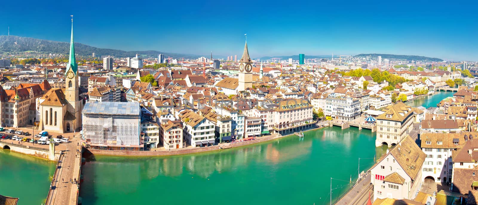 Zurich and Limmat river waterfront aerial panoramic view, largest city in Switzerland
