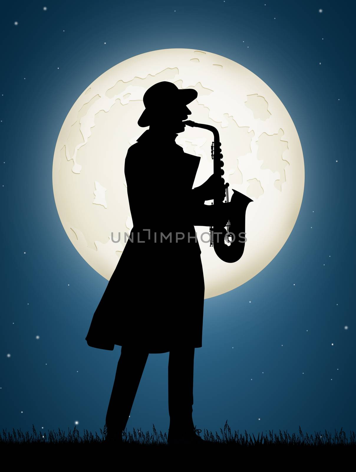 illustration of man plays the saxophone in the moonlight