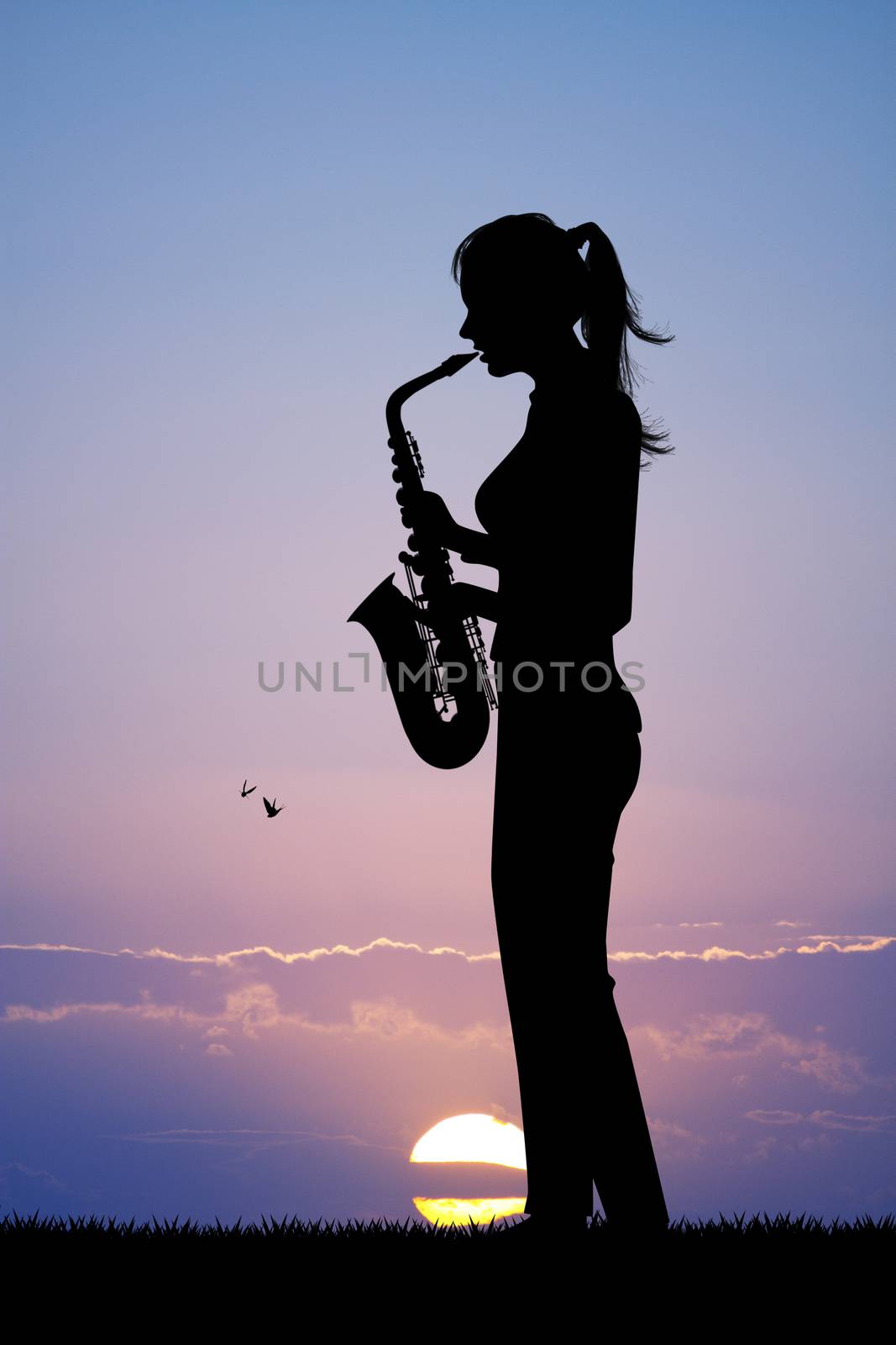 illustration of woman plays the sax at sunset