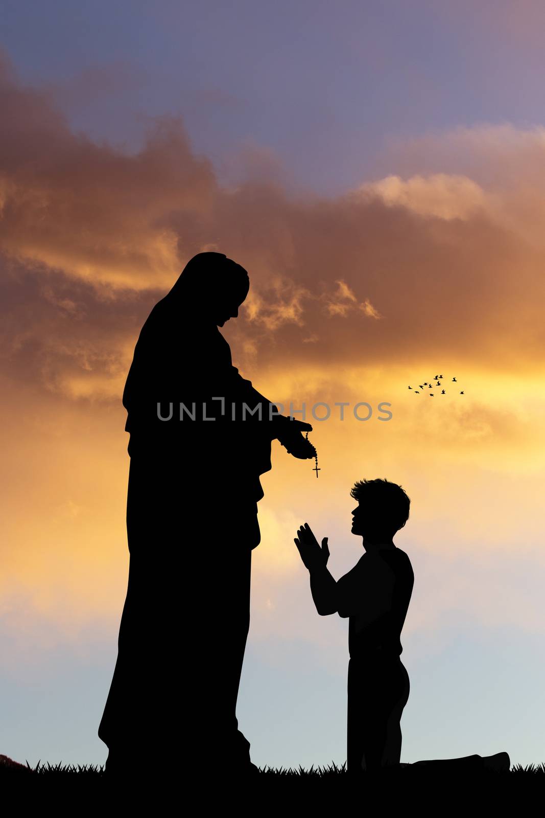 illustration of man prays to the Madonna