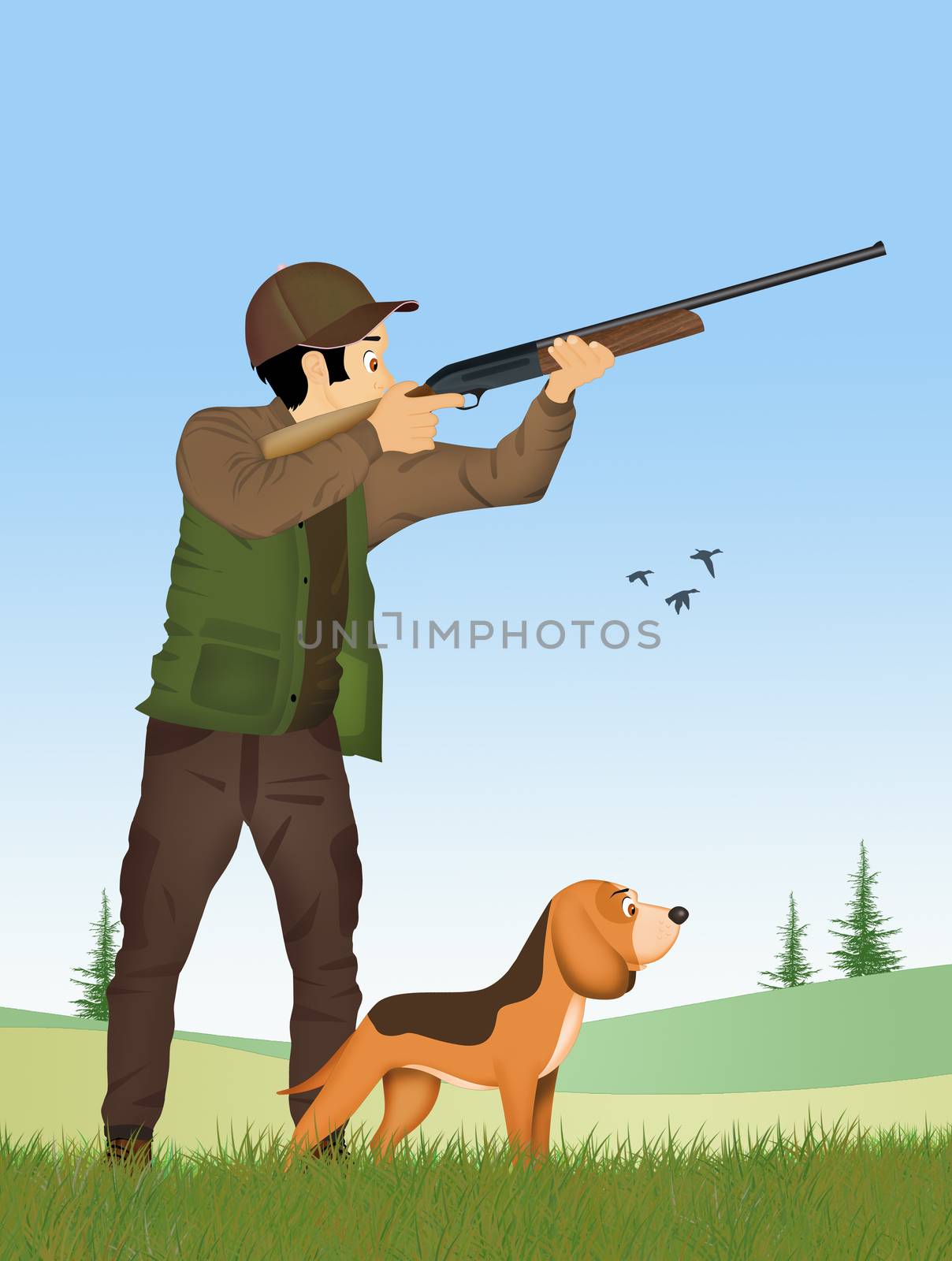 illustration of man hunting with the dog