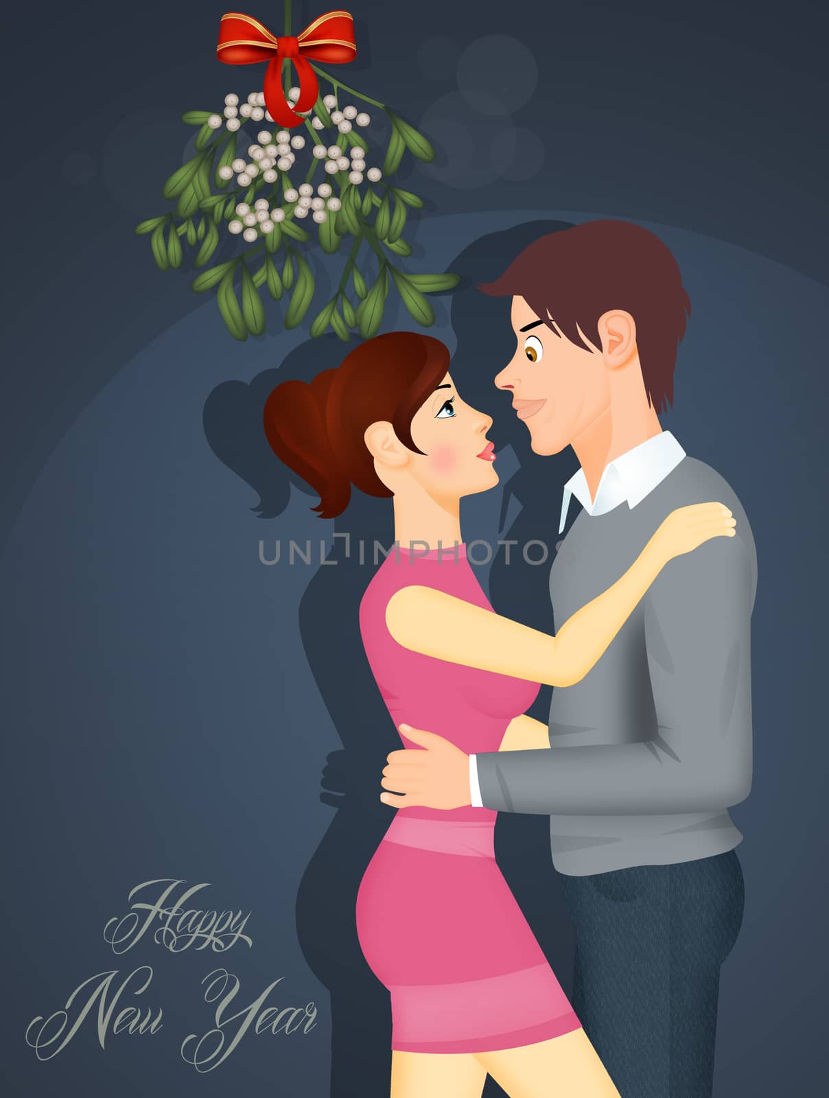 illustration of couple kissing under the mistletoe