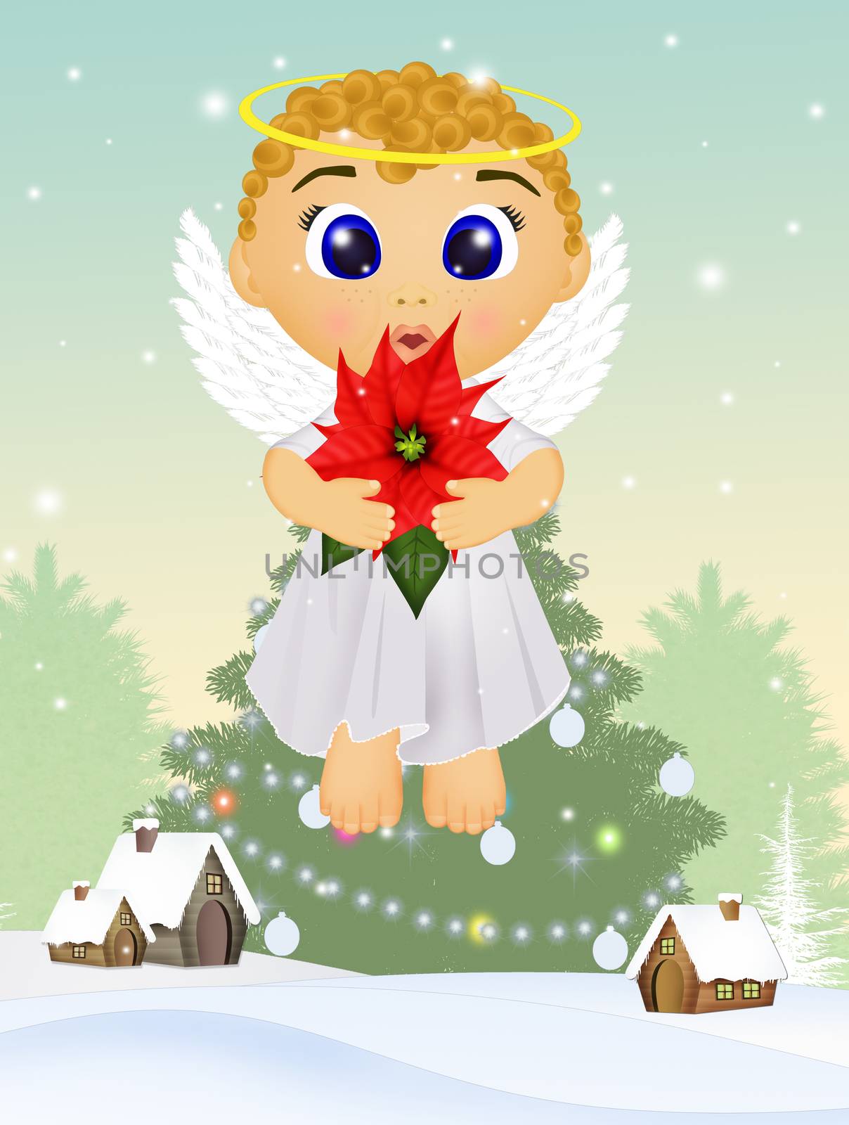 illustration of little angel with poinsettia