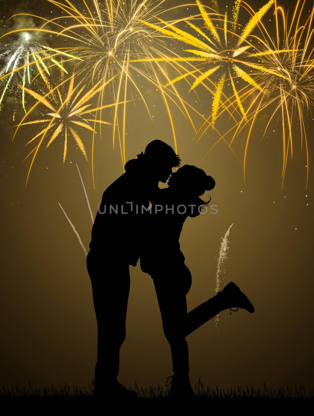 illustration of couple kissing in the fireworks pyrotechnic for the New Year