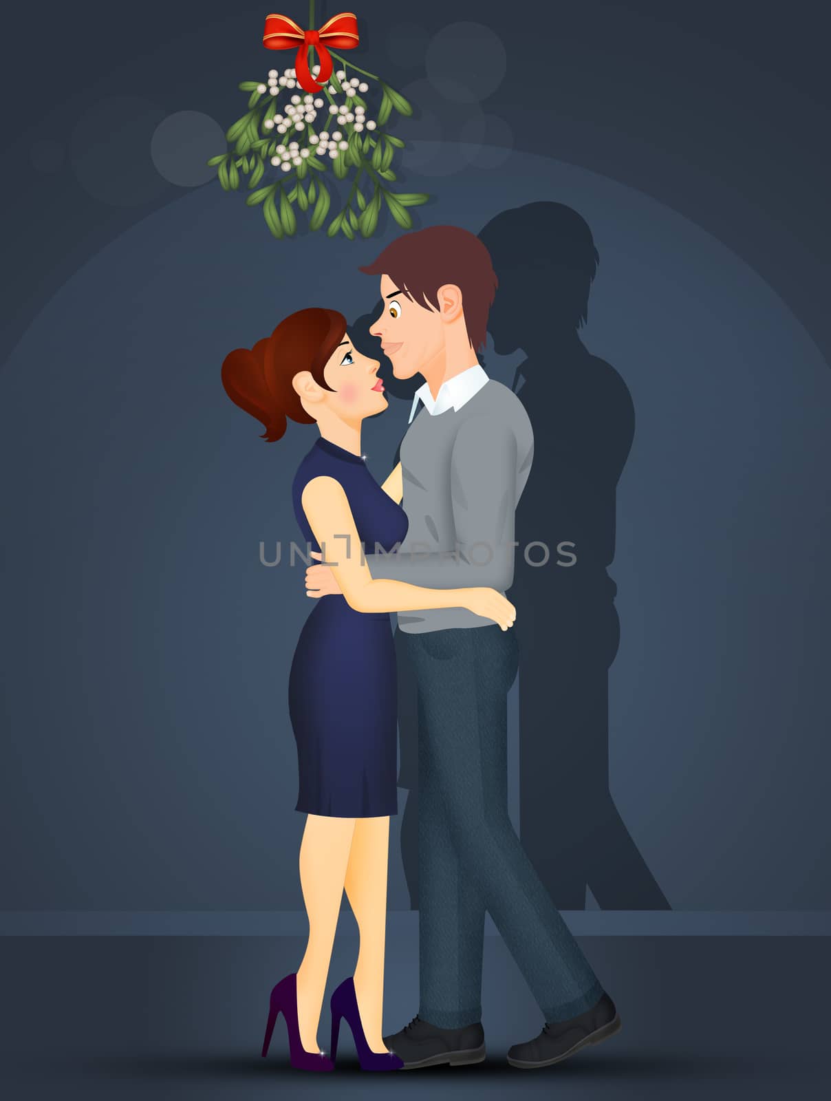 illustration of couple kisses under the mistletoe