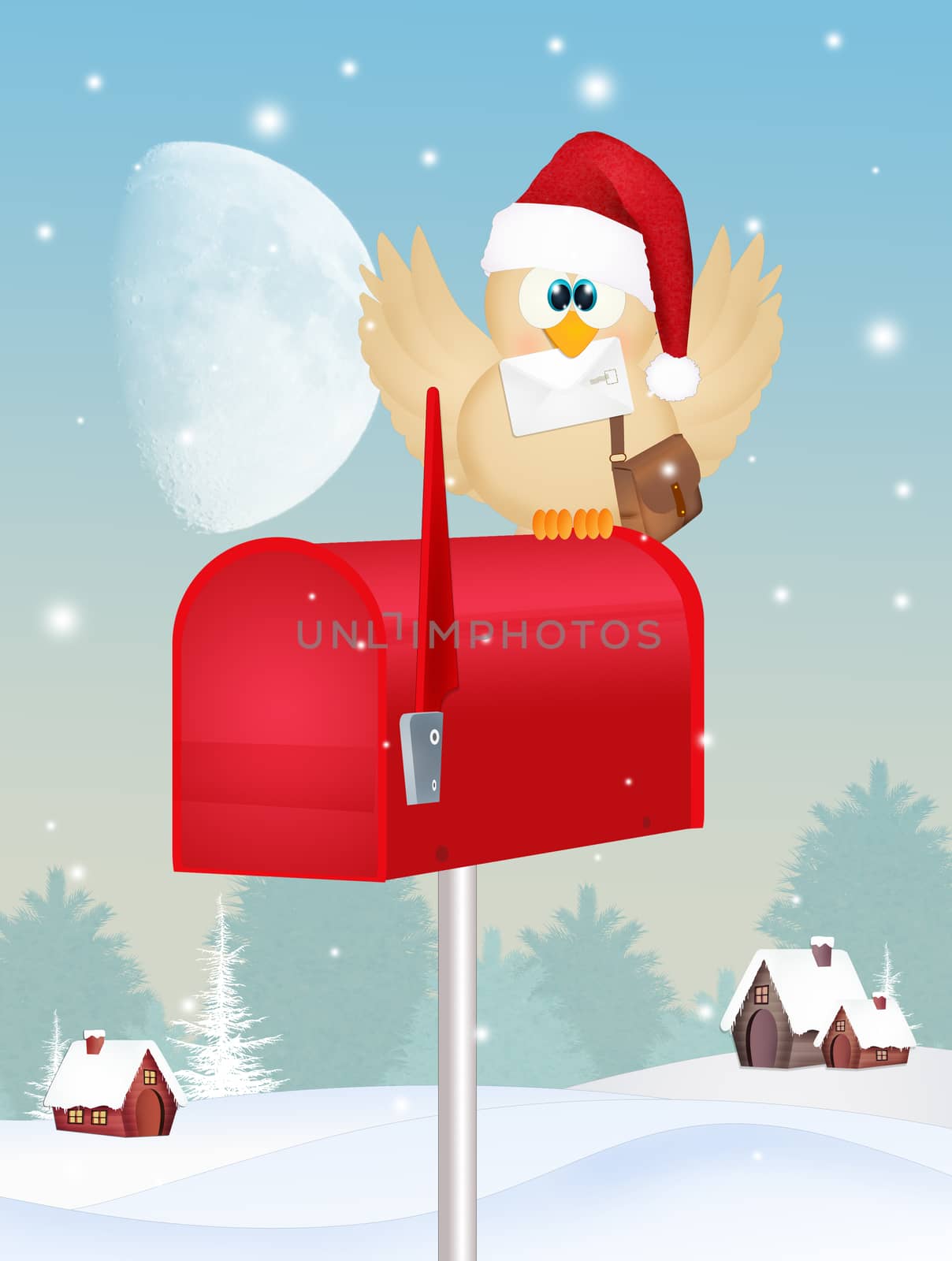 illustration of bird with letter of Santa Claus
