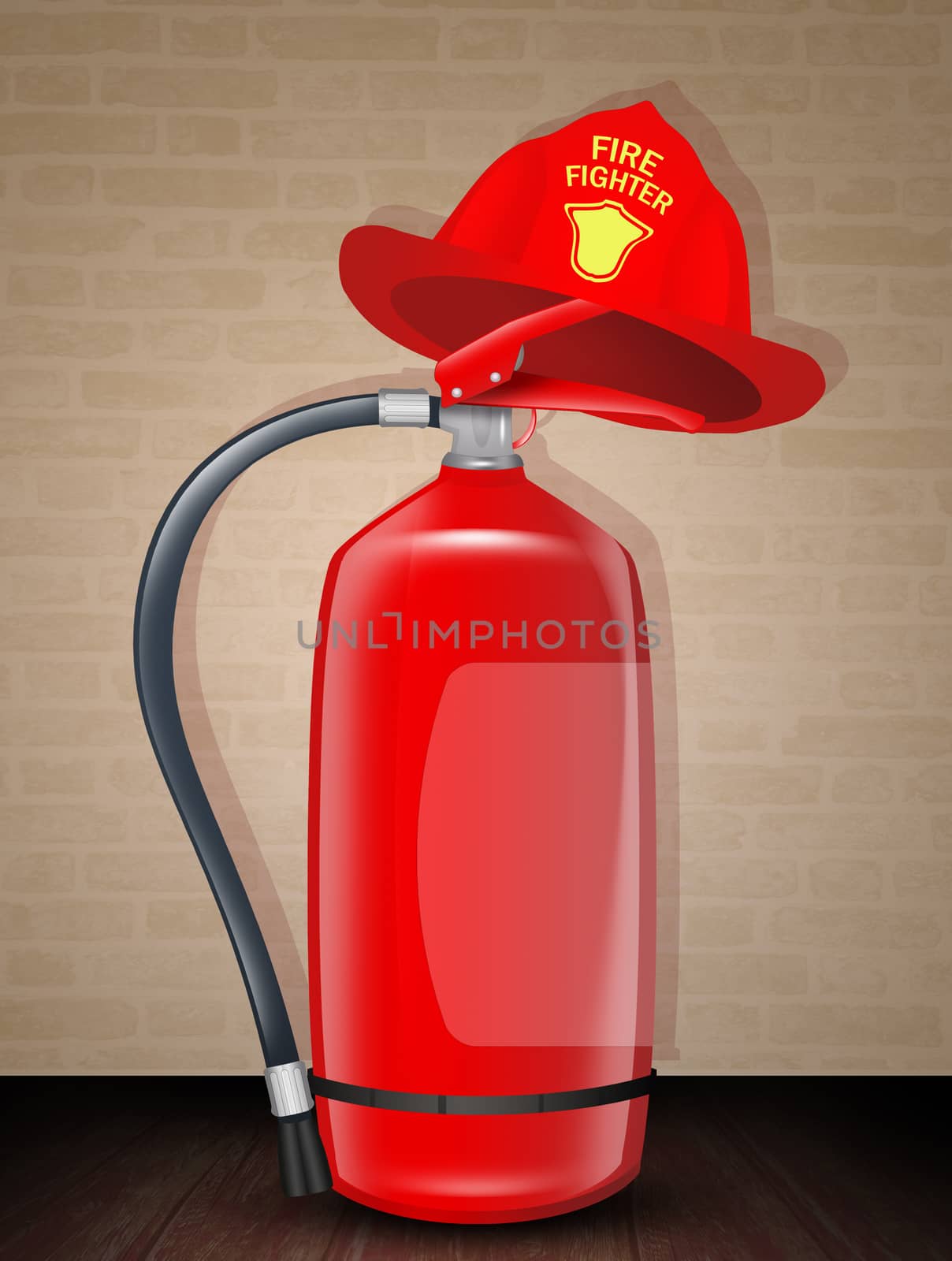 illustration of fire extinguisher and fireman's helmet