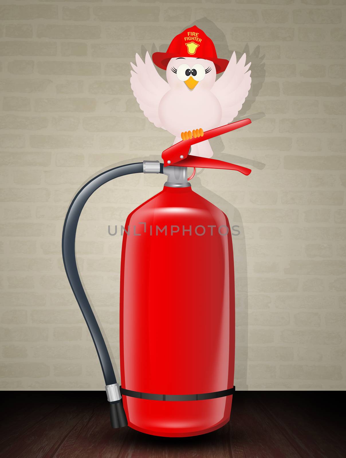 illustration of fireman bird on the fire extinguisher