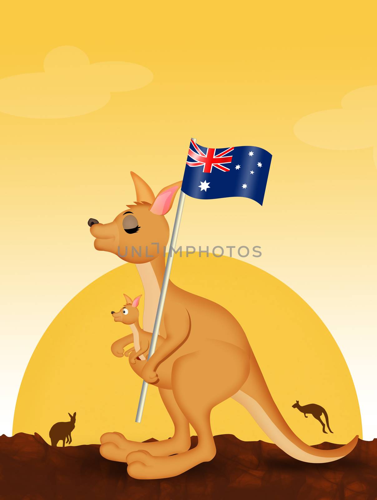 illustration of kangaroo with Australian flag