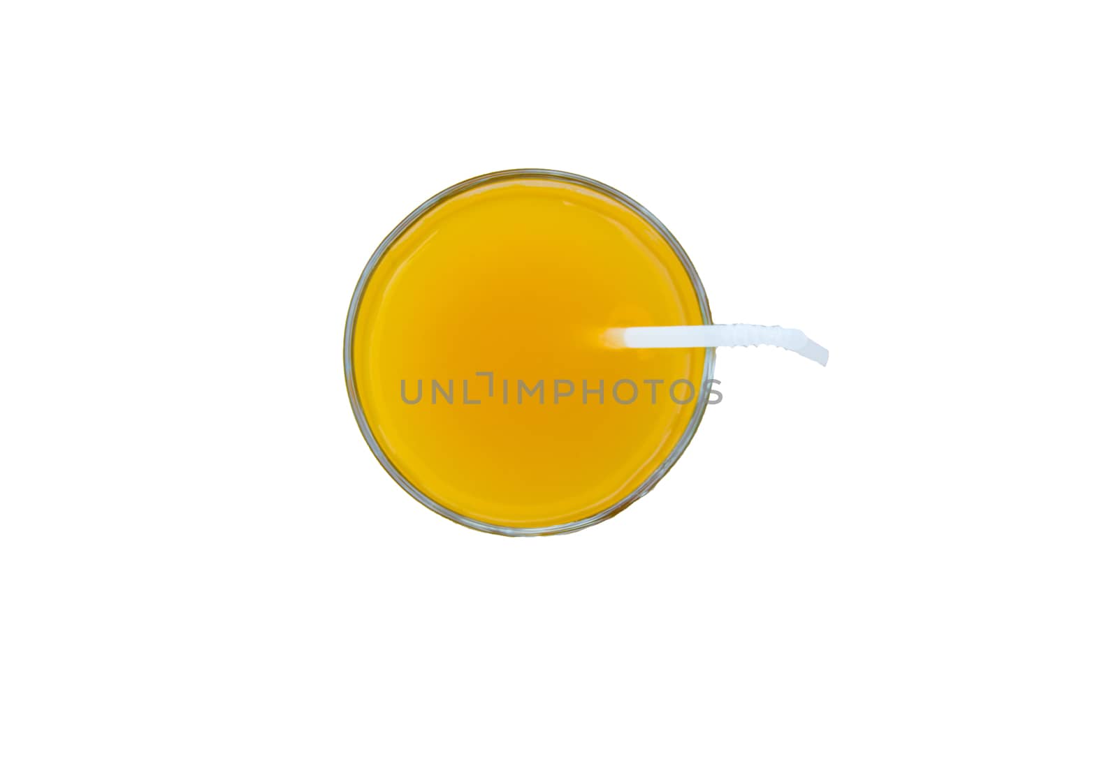 Summer drink - freshly squeezed orange juice in a glass with a straw tube, top view, isolated on a white background with clipping, minimalism style.