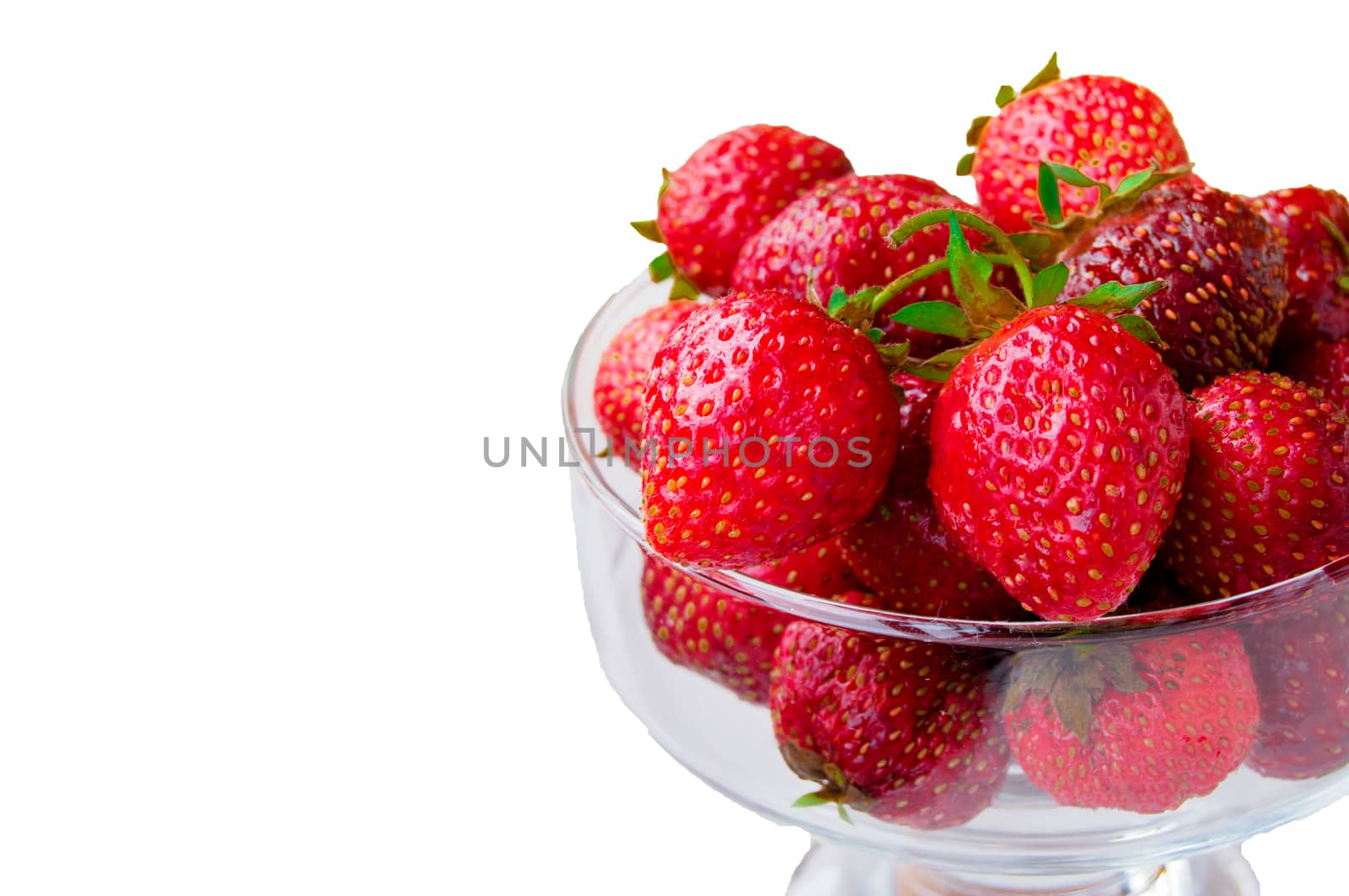 Glass bowl with fresh ripe strawberries, space for text, copy space, isolated on white background, mockup, clipping.