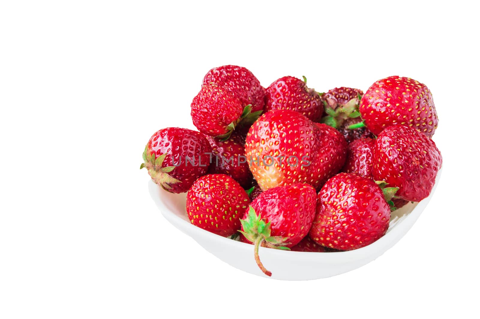 Glass bowl with fresh ripe strawberries, space for text, copy space, isolated on white background, mockup, clipping by claire_lucia