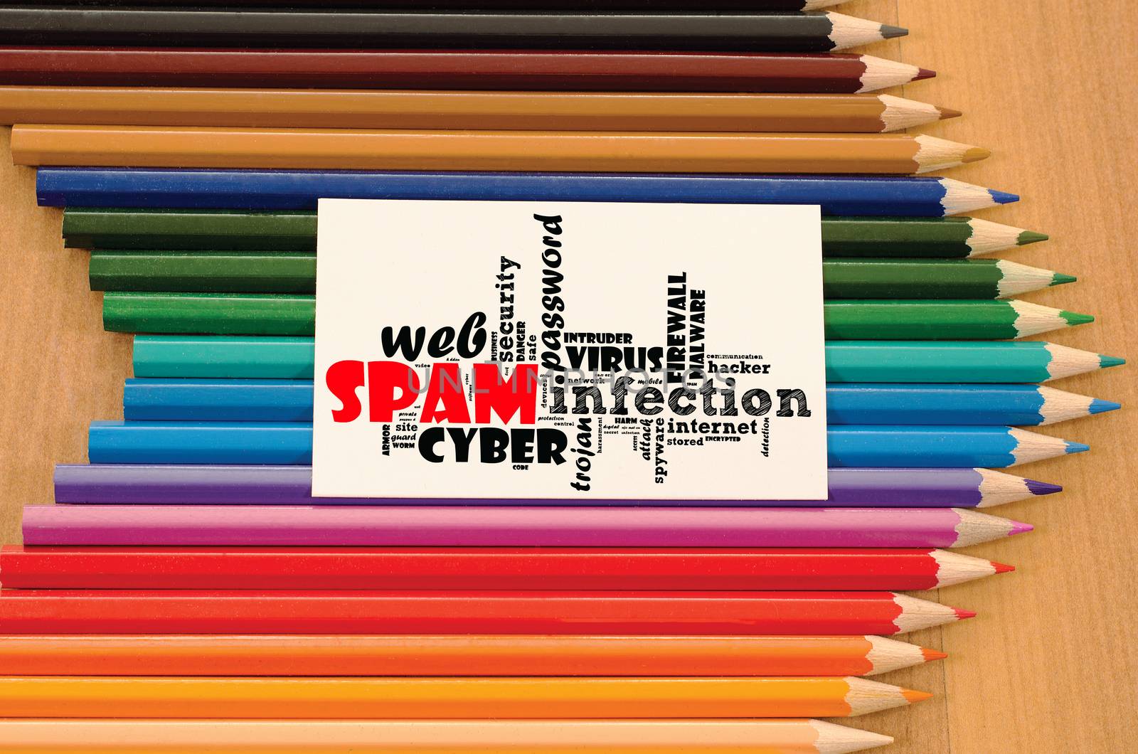 Spam word cloud collage over wooden background