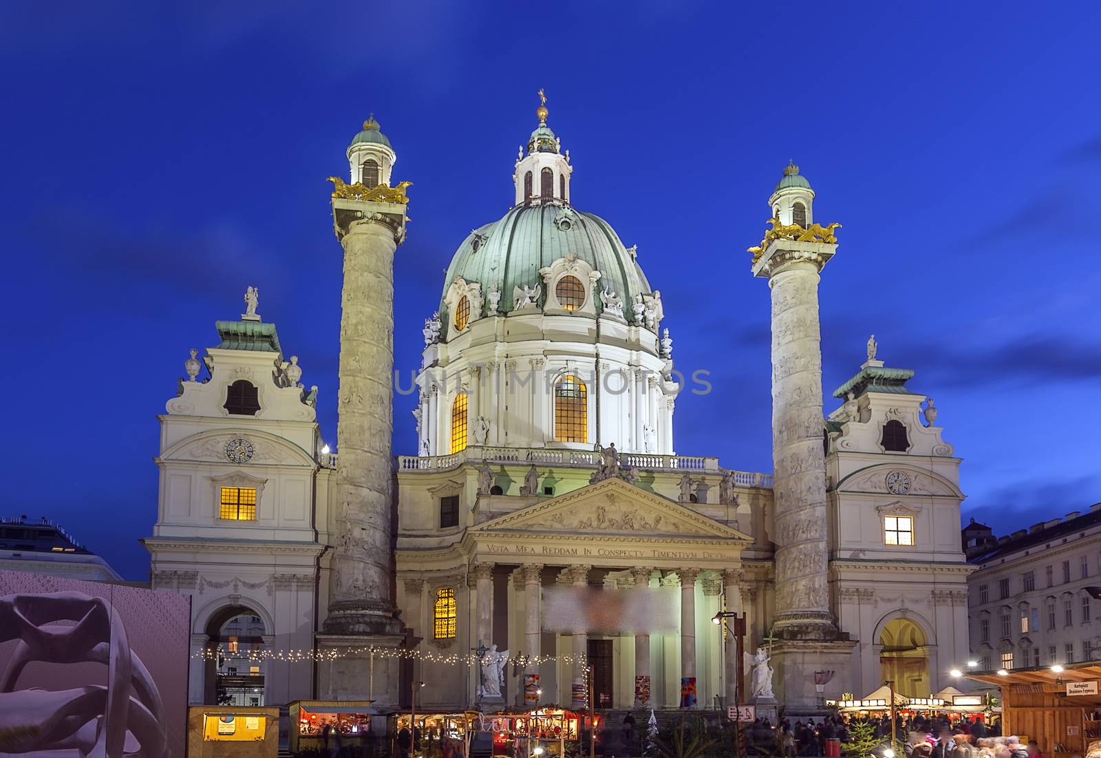 Karlskirche  (St. Charles Church) has garnered fame due to its dome and its two flanking columns of bas-reliefs, Vienna