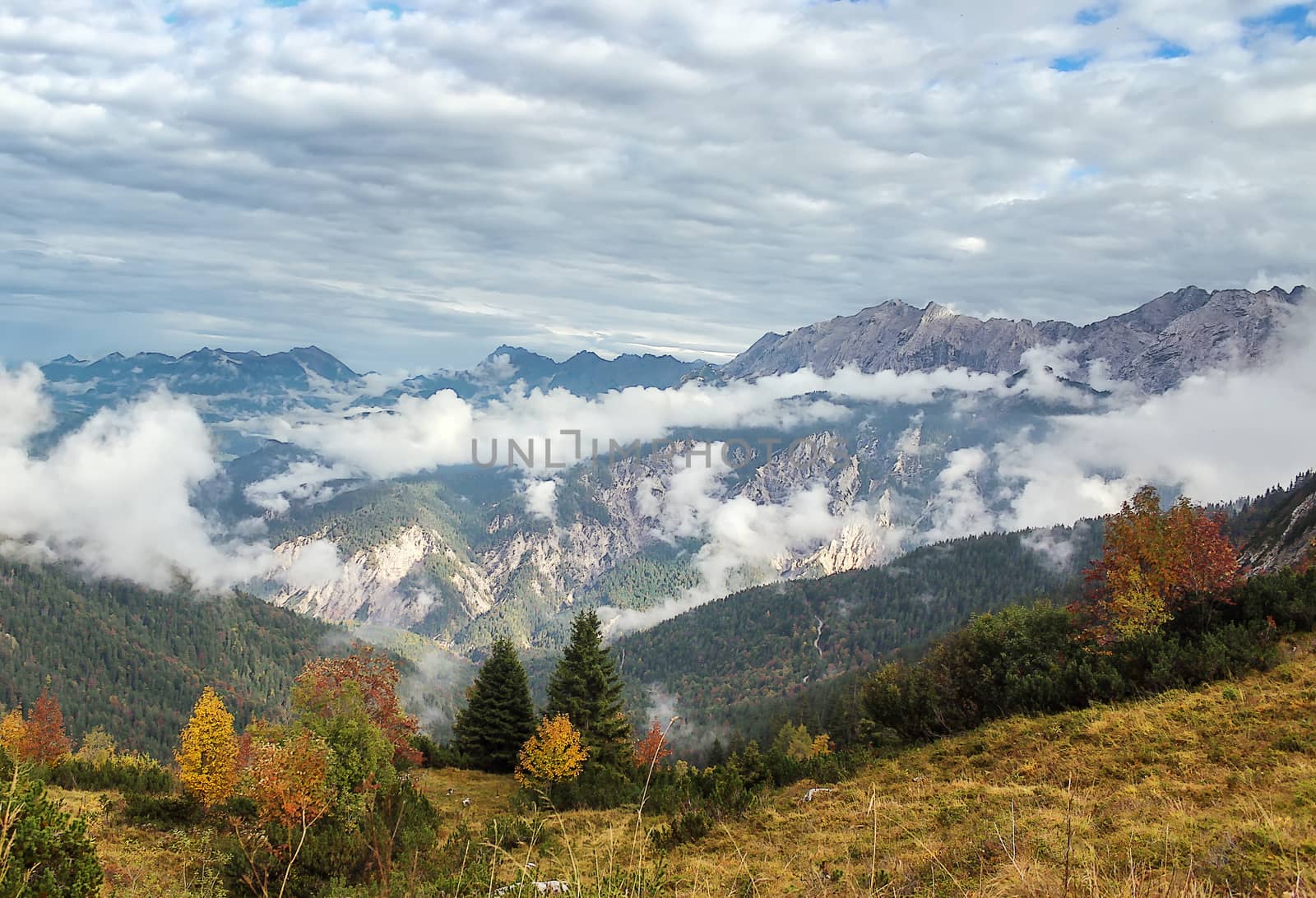 landscape of the Valley near Garmisch-Partenkirchen in the Bavarian Alps from Alpspitze mountain