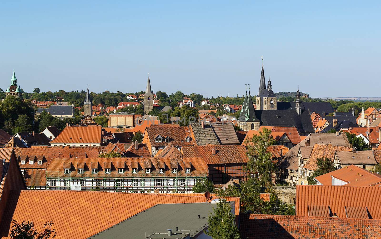 panorama of Quedlinburg, Germany. Quedlinburg is a town located north of the Harz mountains. In 1994 the medieval court and the old town was set on the UNESCO world heritage list.