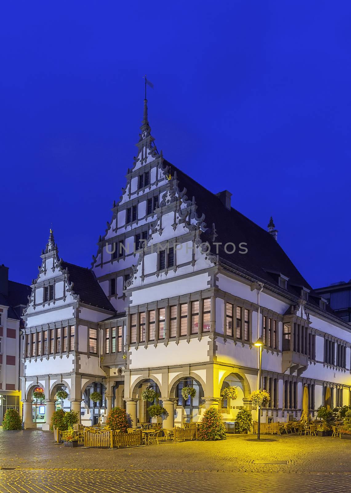 In the evening. The Renaissance town hall was constructed in 1616 on a market square of the city of Paderborn, Germany.