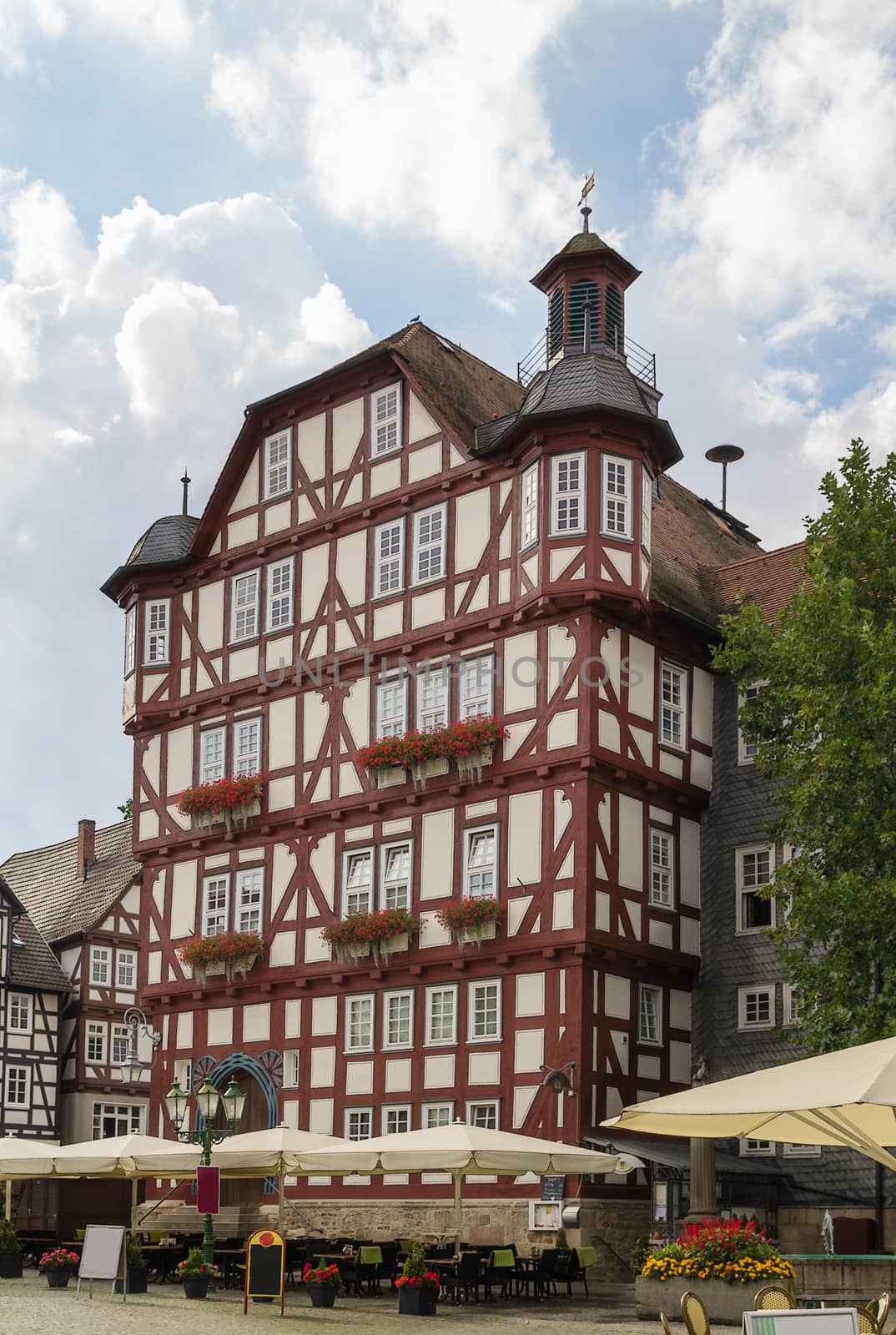 Historical half-timbered houses in downtown of Melsungen, Germany