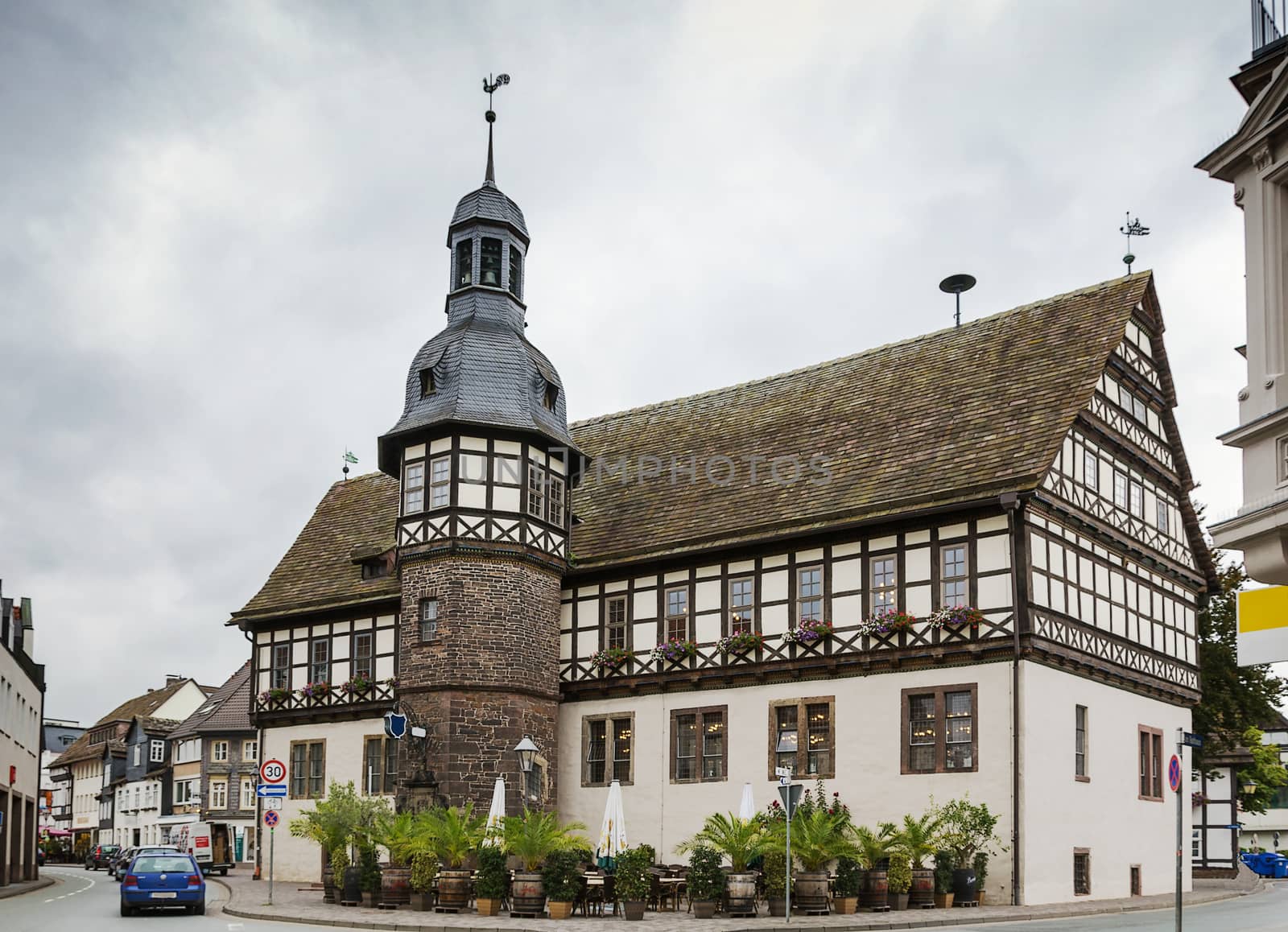 Street with picturesque half-timbered houses in Hoxter, Germany