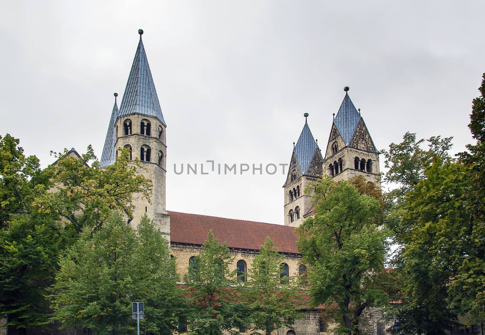 The Church of Our Lady is 12th century Romanesque basilica with transept in Halberstadt, Germany