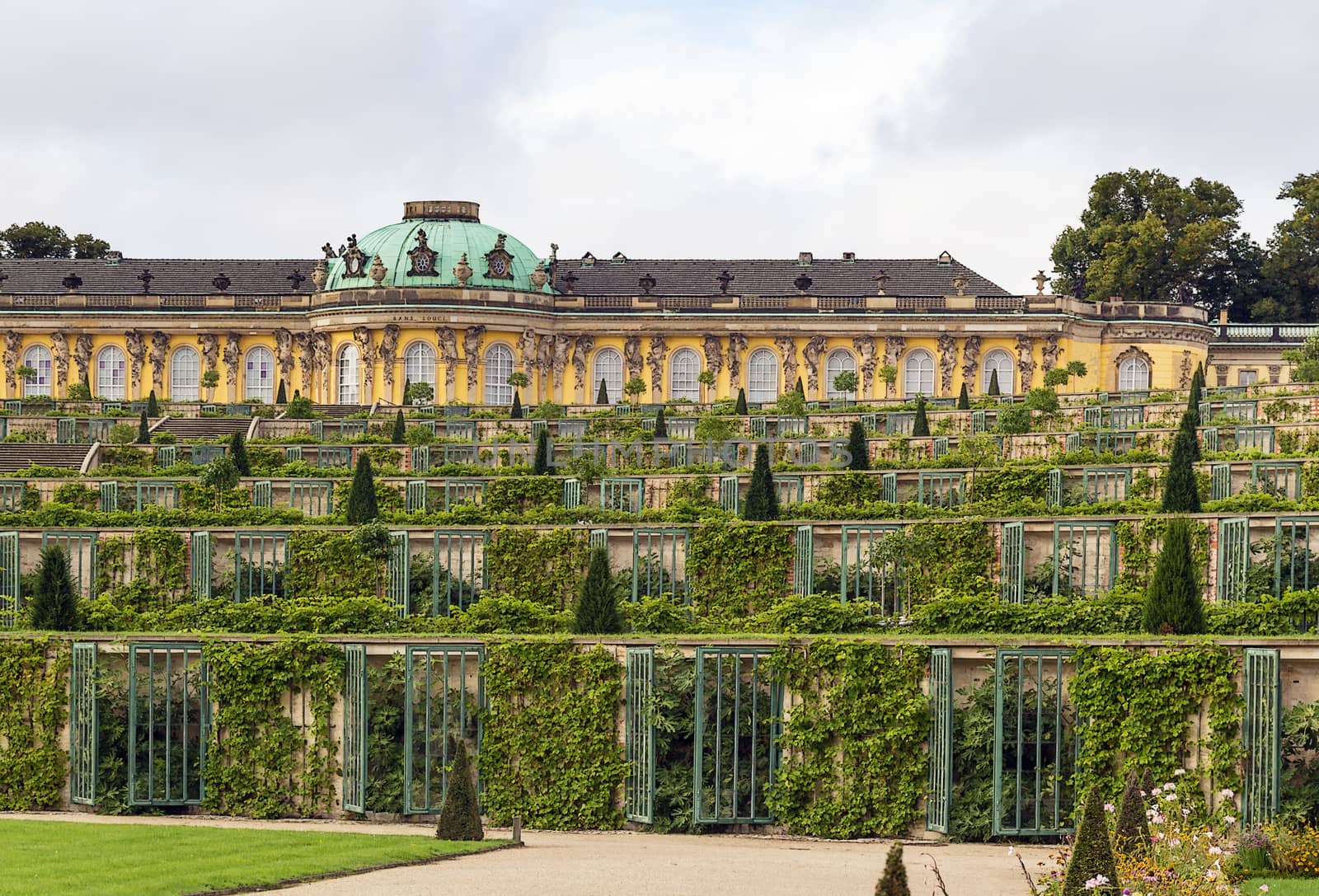 view from park to Sanssouci Palace and the terrace vineyards, Potsdam, Germany