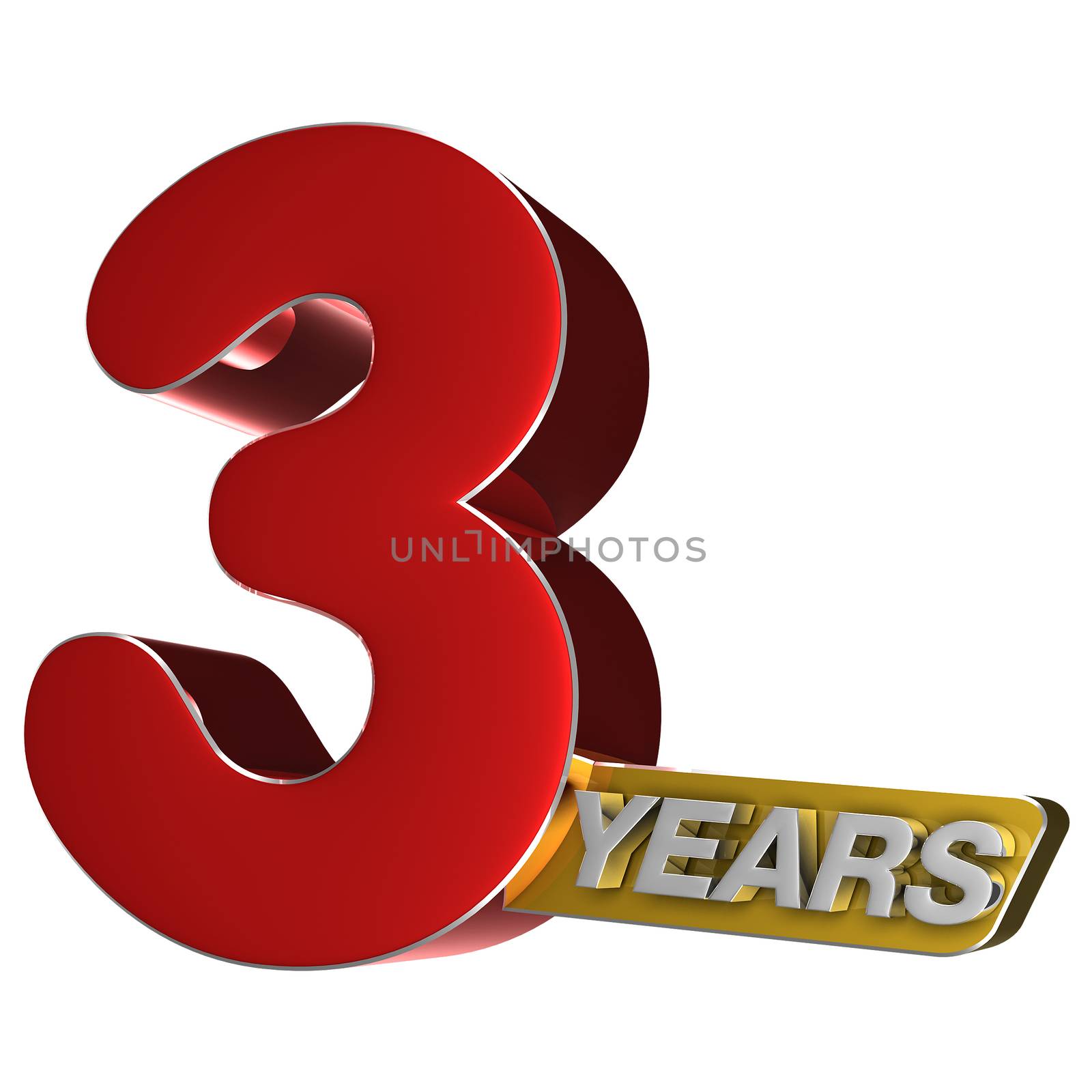 3 years 3D rendering on white background.(with Clipping Path).
