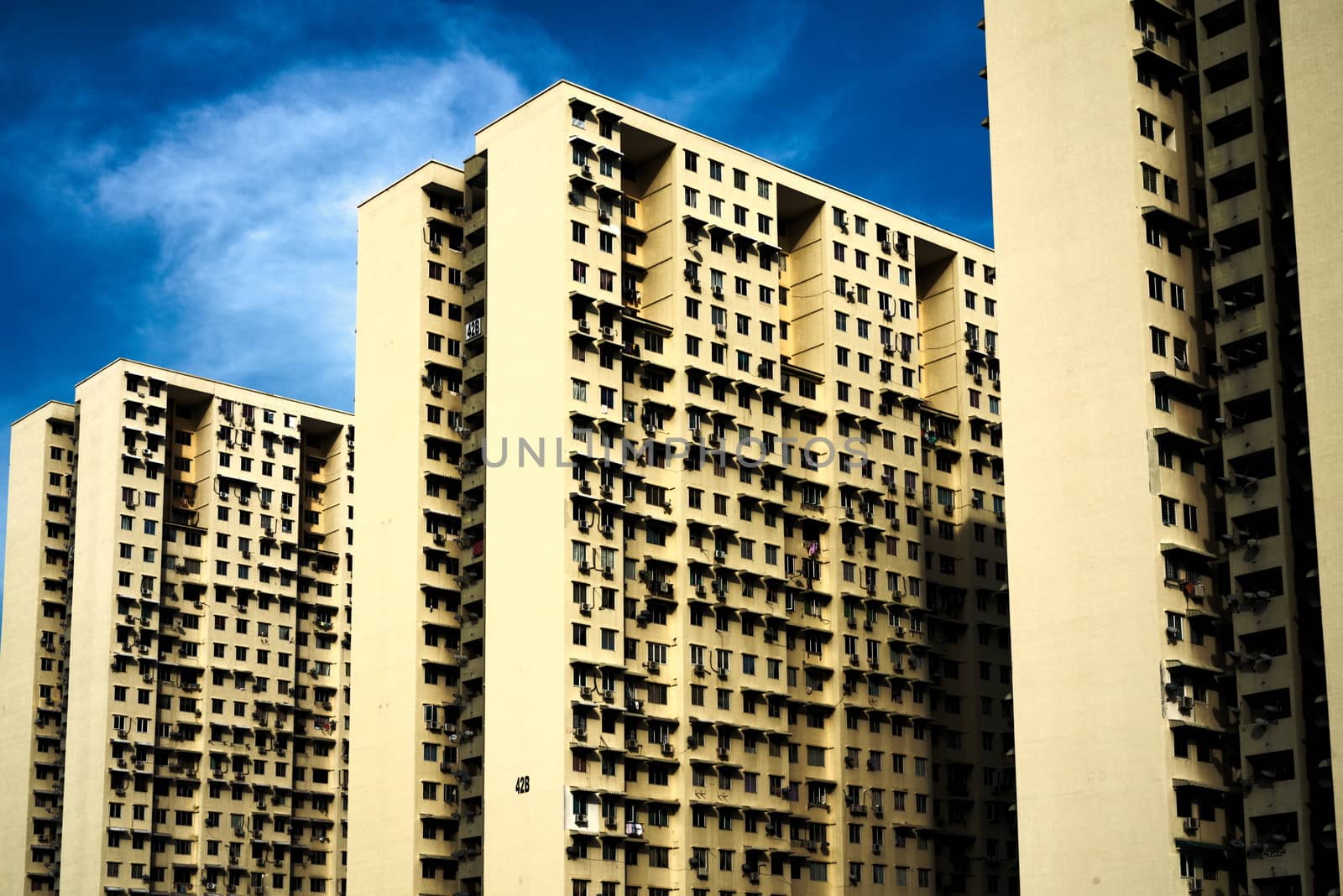 huge housing complex with three blocks of two rows each shot from below