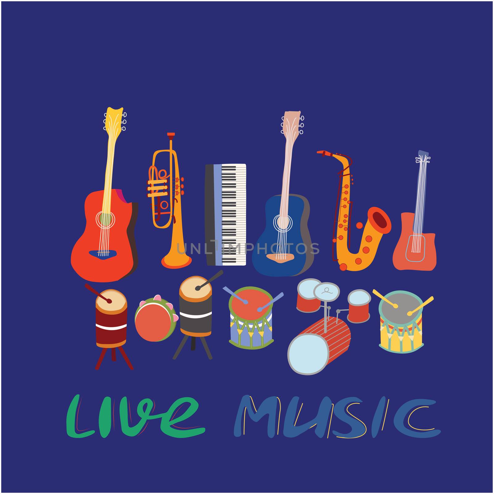 Music instruments with lettering live music. Blue background. Poster template. Rock, jazz concert, vector design brochures, flyers or cards. Musical instruments and lettering sketch composition.