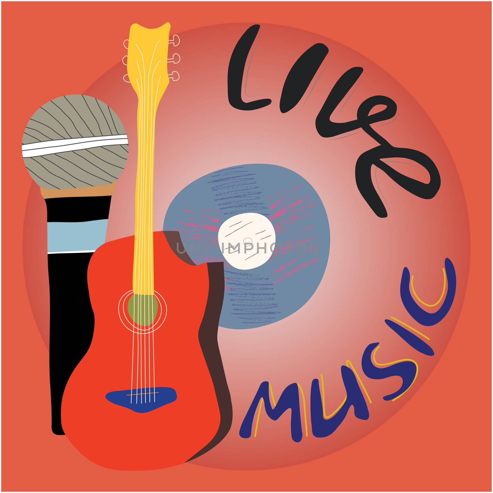 Vinyl disk with lettering live music. Microphone and guitar illustration. Music festival poster template. Rock, jazz concert, vector design brochures, flyers or cards. Musical instruments and lettering sketch round composition.