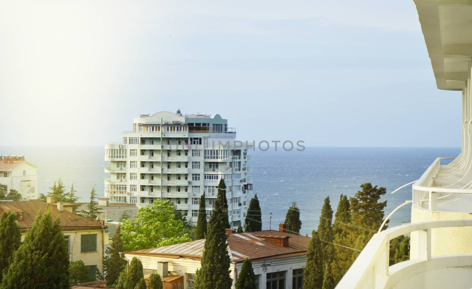 Sea view and hotel buildings from the balcony, early morning by claire_lucia