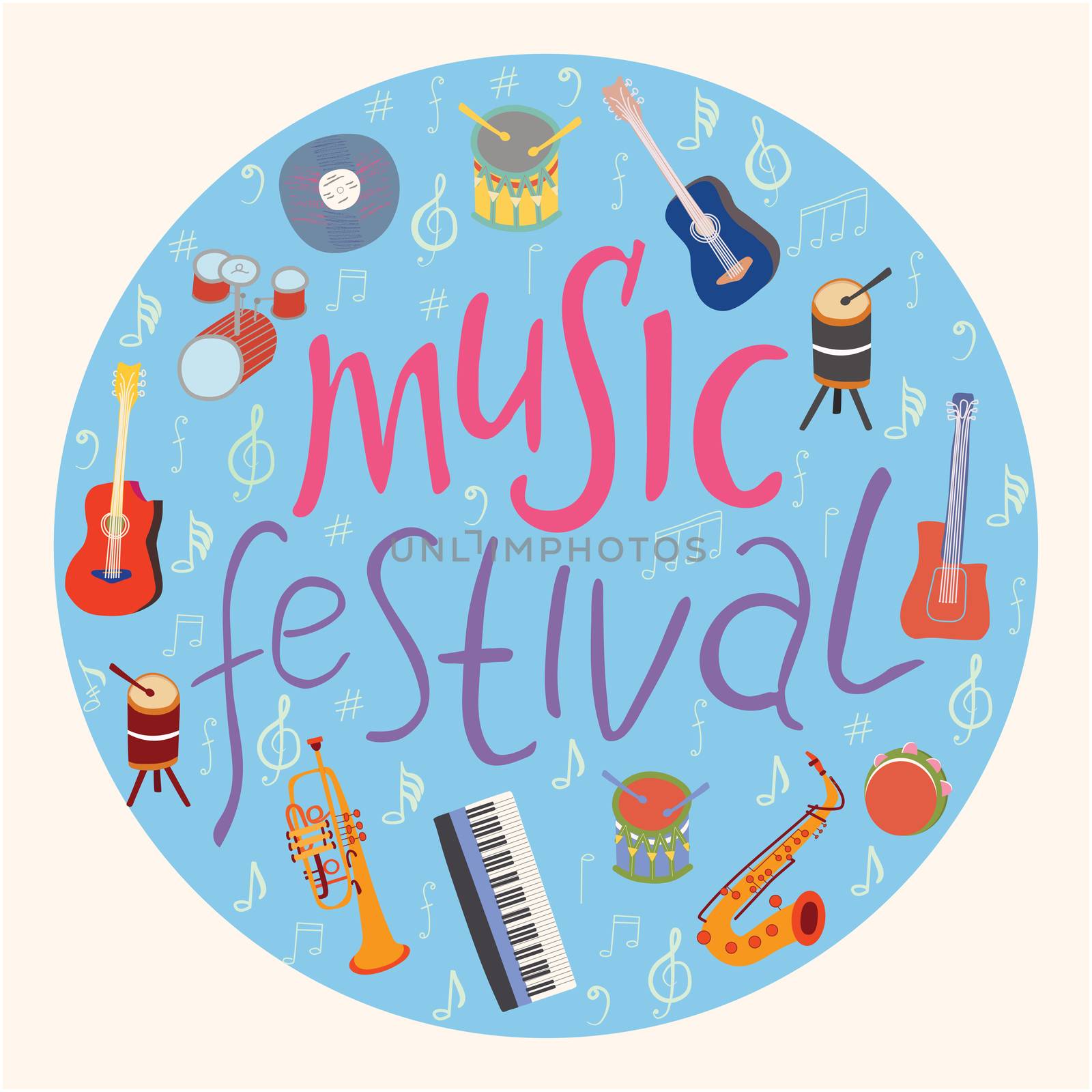 Round shape with musical instruments and lettering music festival. Music festival poster template. Rock, jazz concert, vector design brochures, flyers or cards. Musical instruments and lettering sketch round composition.