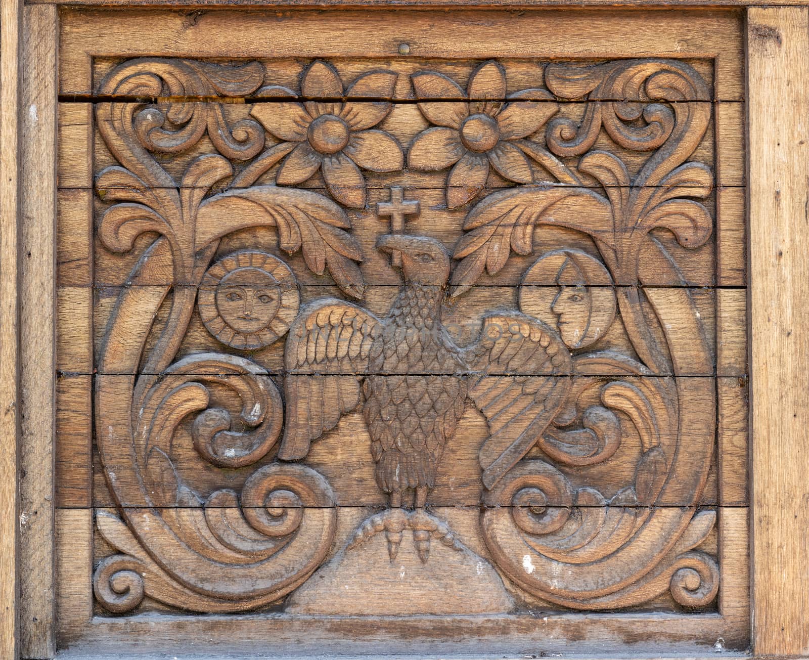 Close up of wooden panel decoration in northern Romania.