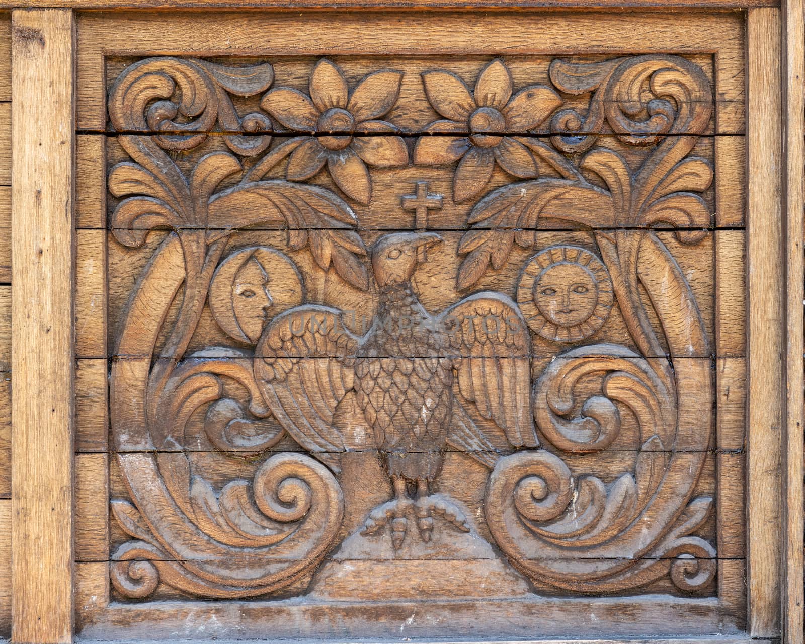 Close up of wooden panel decoration in northern Romania.