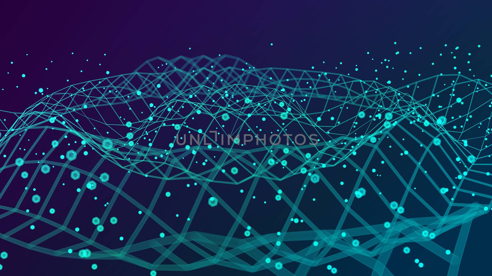 Abstract big data futuristic light wallpaper background design. Science dark pattern with structure mesh and circles. Modern business space dots illustration. 3D render