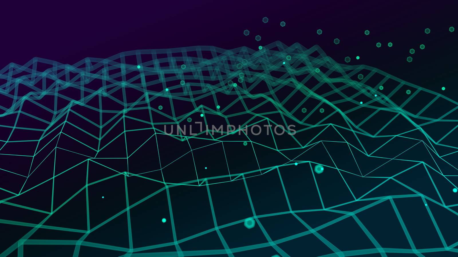 Abstract big data futuristic light wallpaper background design. Science dark pattern with structure mesh and circles. Modern business space dots illustration. 3D render