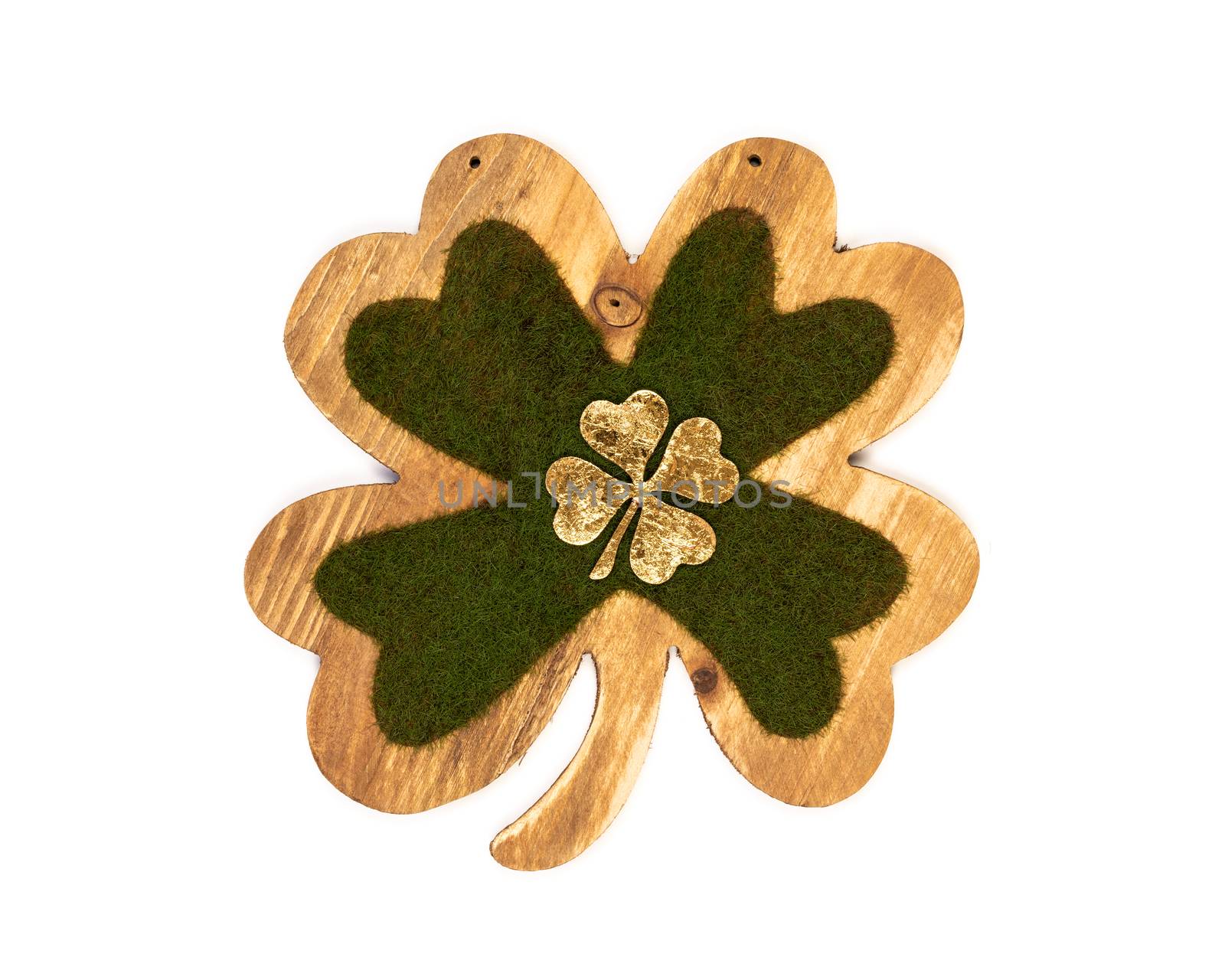 Decorated St Patricks day shamrock clover leaf isolated on a white background.