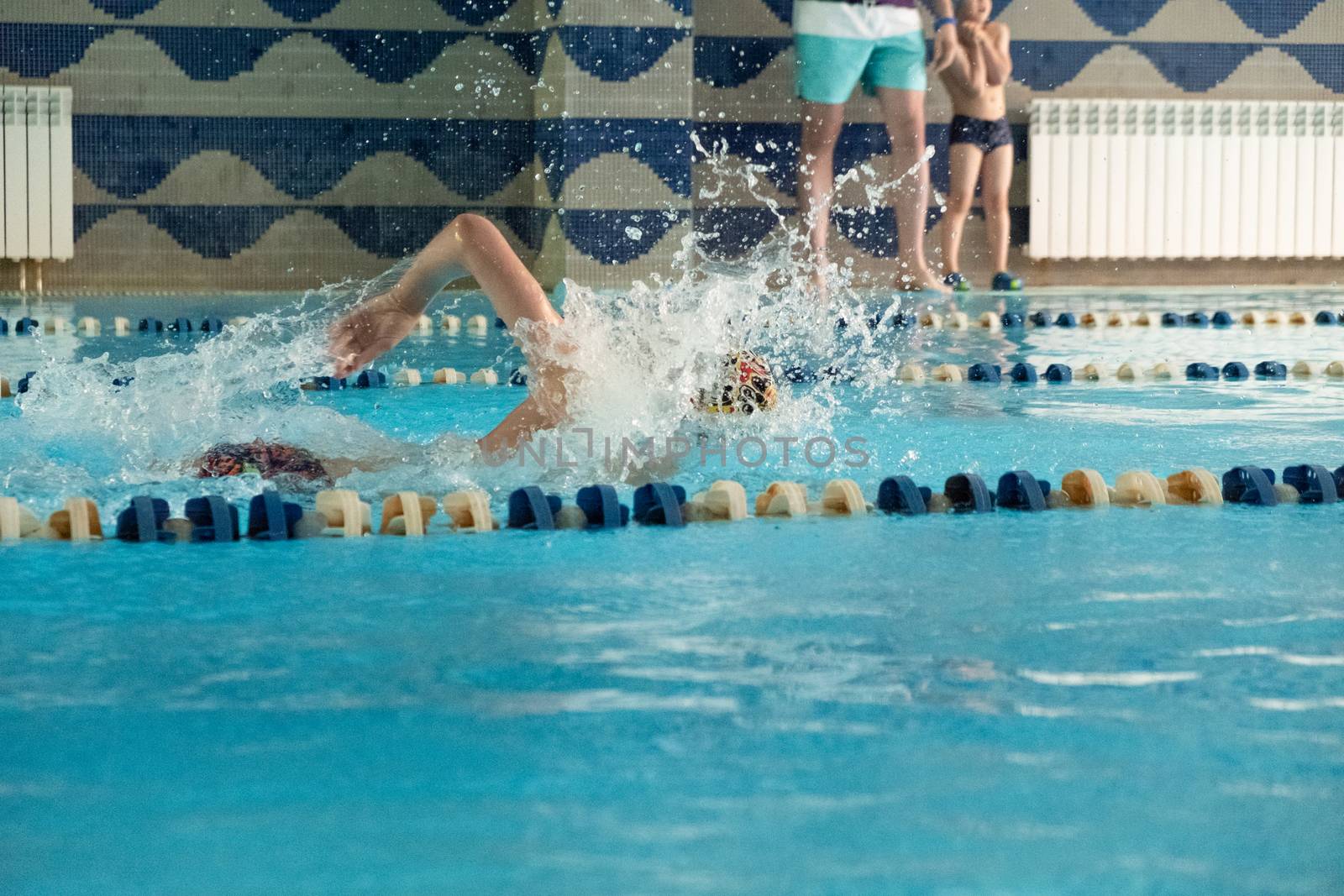 Children swimming freestyle. Indoor swimming pool with clear blue water. by rdv27