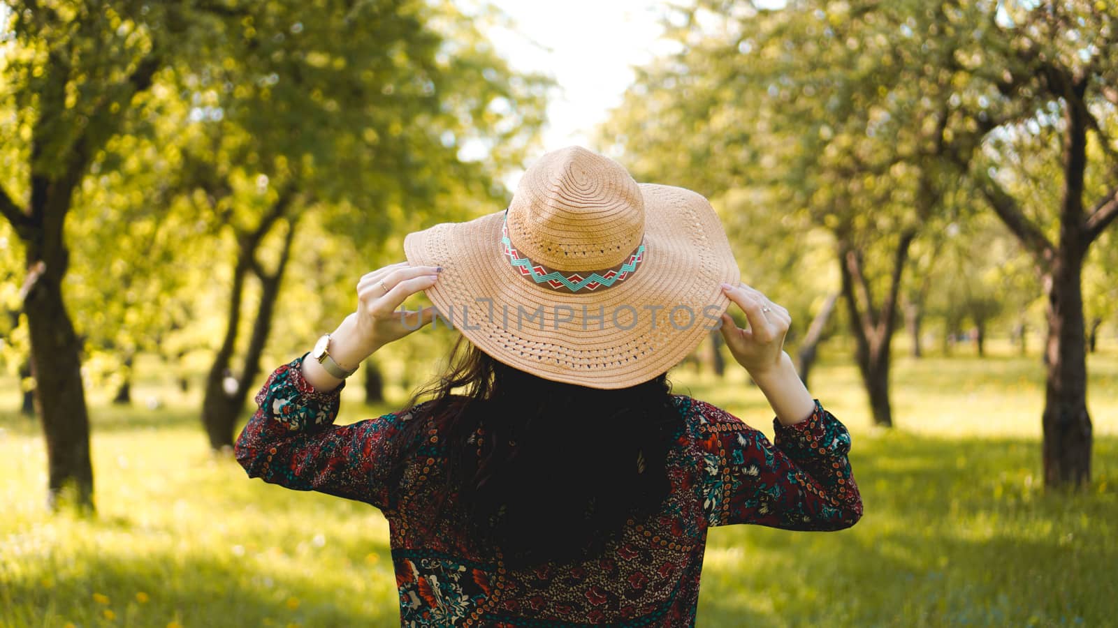Back of beautiful hipster girl in hat and dress. Summer day by natali_brill
