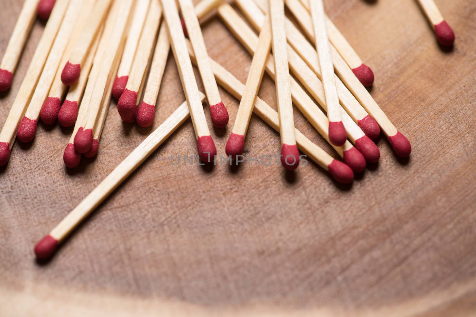 Matches on wooden table background with copy space.