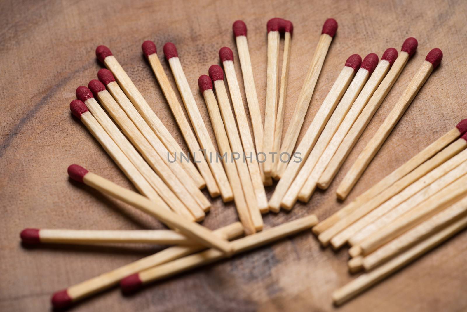 Matches on wooden table background.