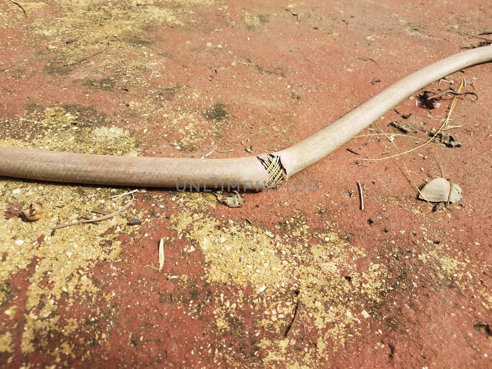 red cement or ground with damaged or broken garden hose