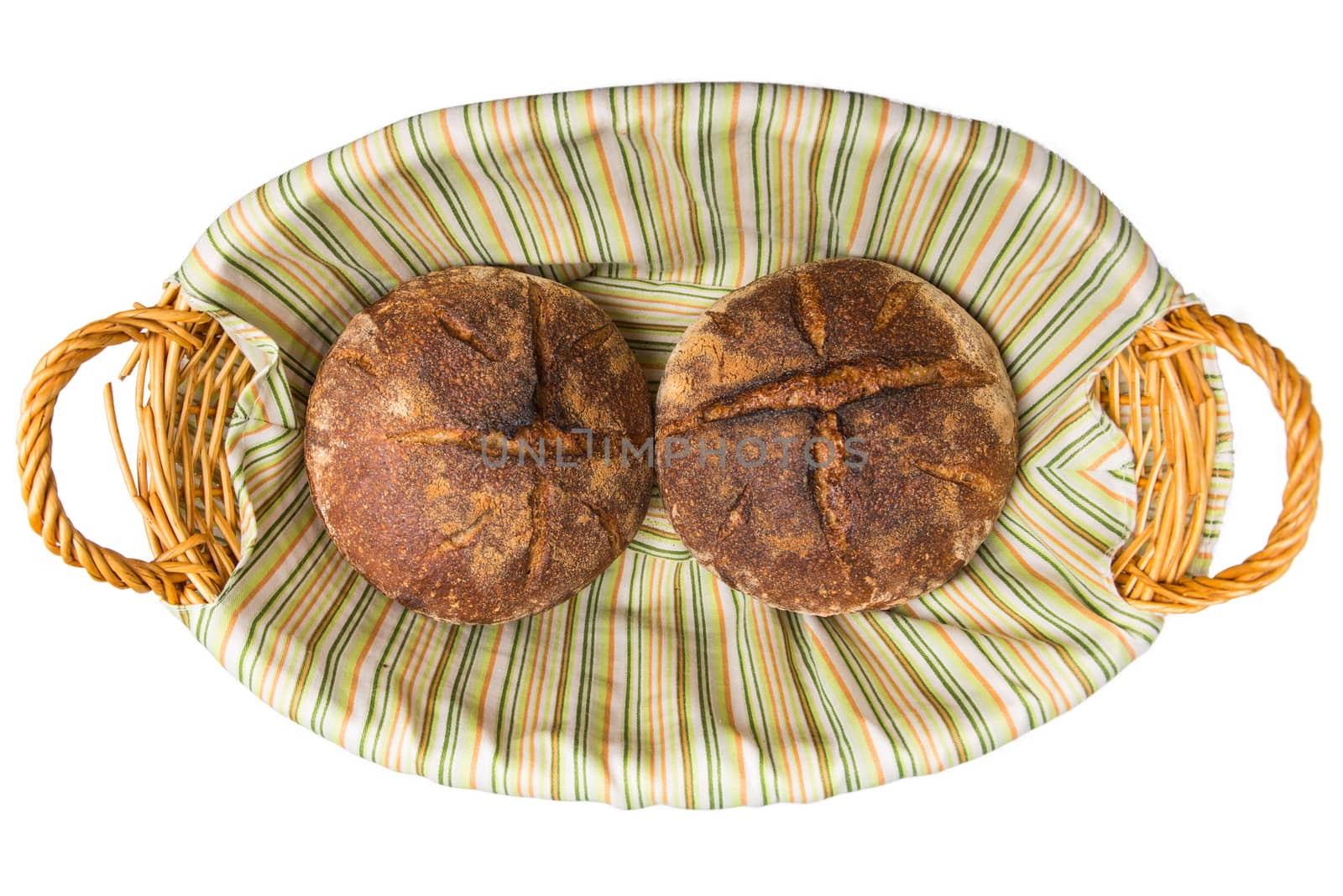 Fresh baked loafs of round artisan sour dough bread in a bread basket.